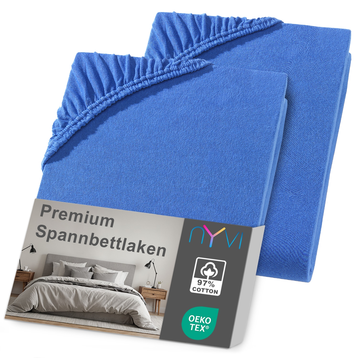 NYVI Spannbettlaken DreamScience Premium - Komfort Spannbetttuch, 190g/m&sup2;, Einlaufschutz, B&uuml;gelfrei, mit Gummizug Farbe:royalblau;Gr&ouml;&szlig;e:180 - 200x220 + 40 cm Boxspringbett (2er Pack) - Bild 1