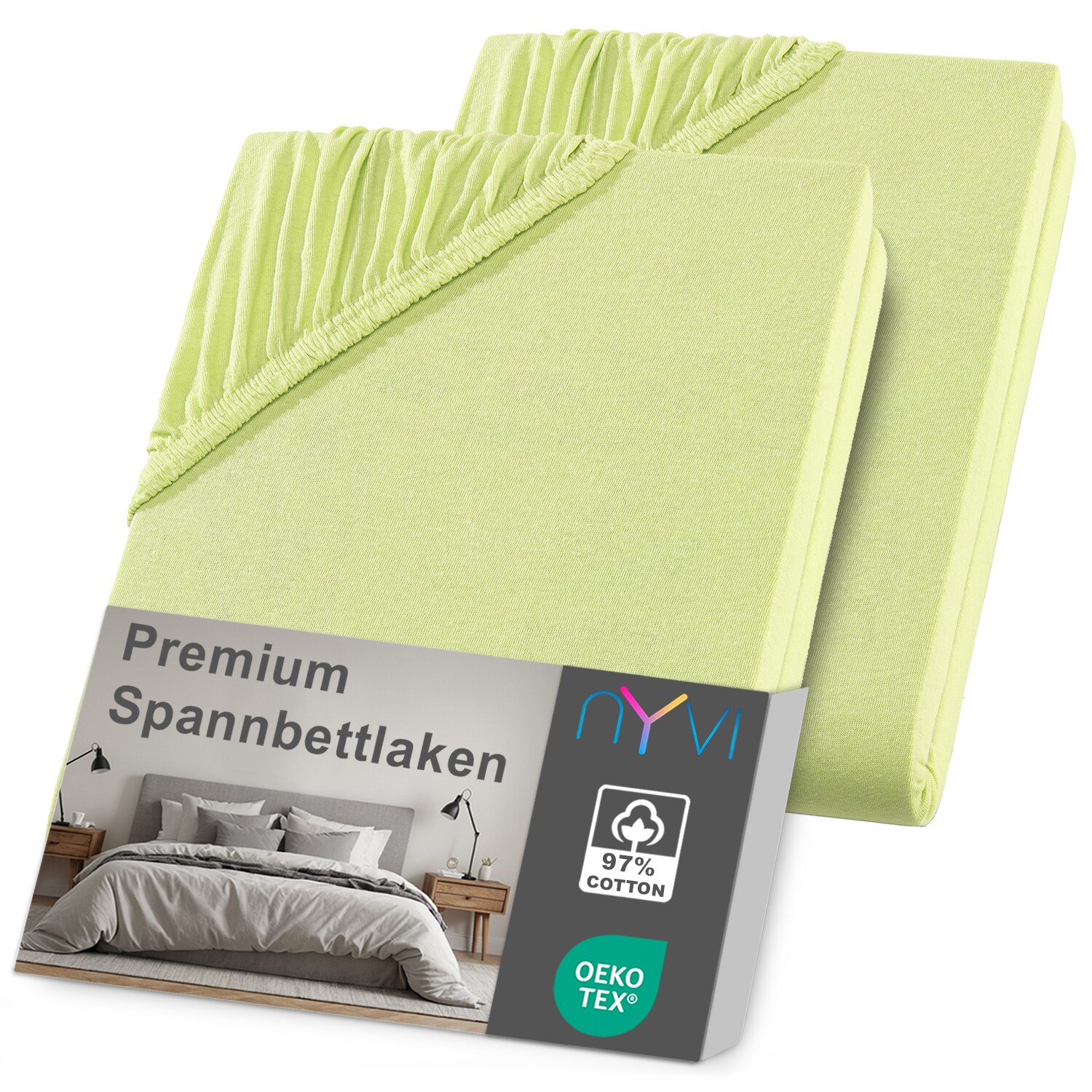 NYVI Spannbettlaken DreamScience Premium - Komfort Spannbetttuch, 190g/m², Einlaufschutz, Bügelfrei, mit Gummizug Farbe:apfelgrün;Größe:180 - 200x220 + 40 cm Boxspringbett (2er Pack)
