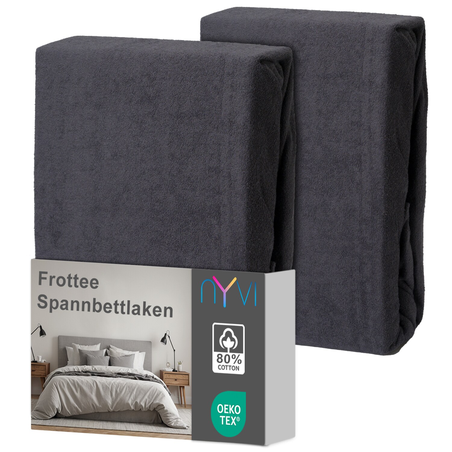 NYVI Spannbettlaken DreamScience Frottee - Warm und Kuschelig, hohe Feuchtigkeitsaufnahme, schnell trocknend - Frottier Spannbetttuch Bettlaken Farbe:anthrazit;Gr&ouml;&szlig;e:90x200 - 100x200 cm (2er Pack) - Bild 1