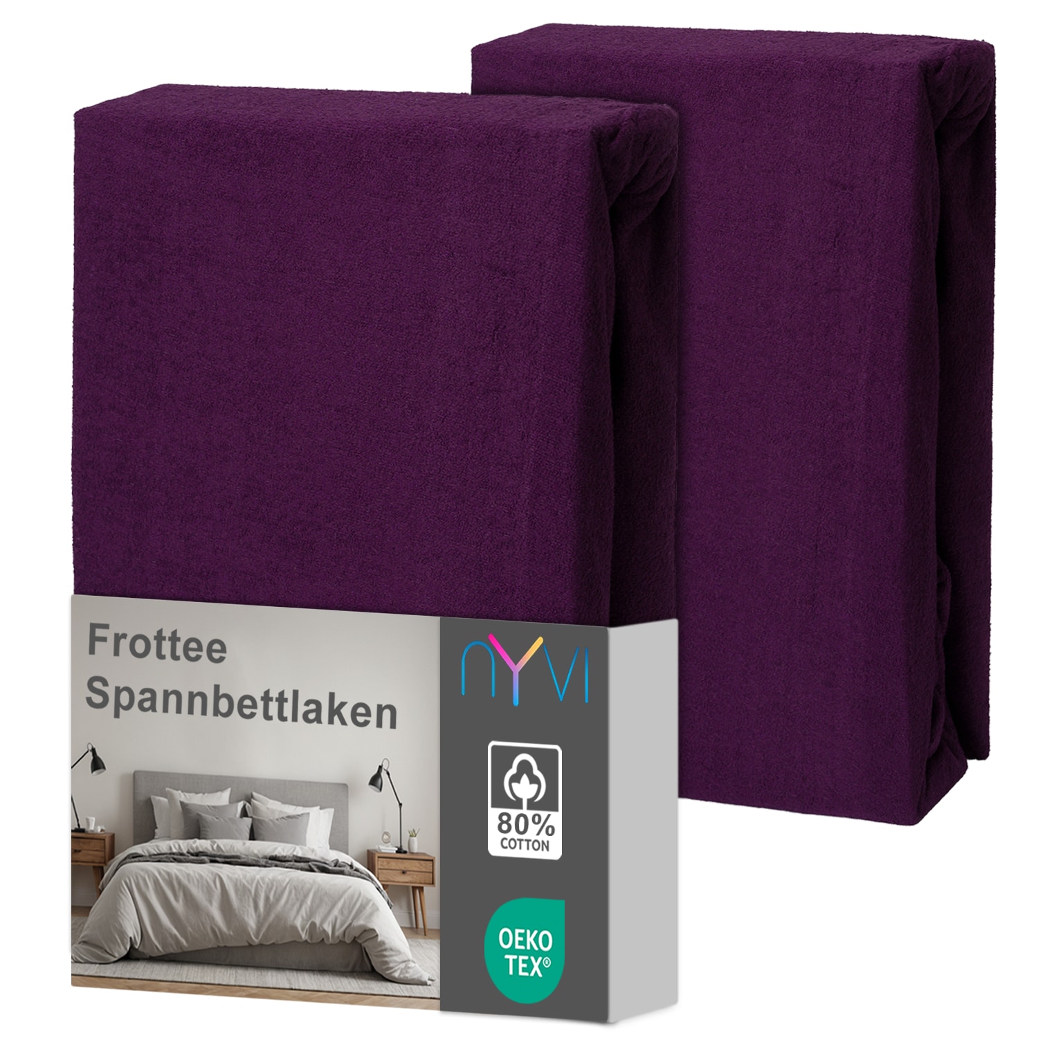 NYVI Spannbettlaken DreamScience Frottee - Warm und Kuschelig, hohe Feuchtigkeitsaufnahme, schnell trocknend - Frottier Spannbetttuch Bettlaken Farbe:aubergine;Gr&ouml;&szlig;e:140x200 - 160x200 cm (2er Pack) - Bild 1