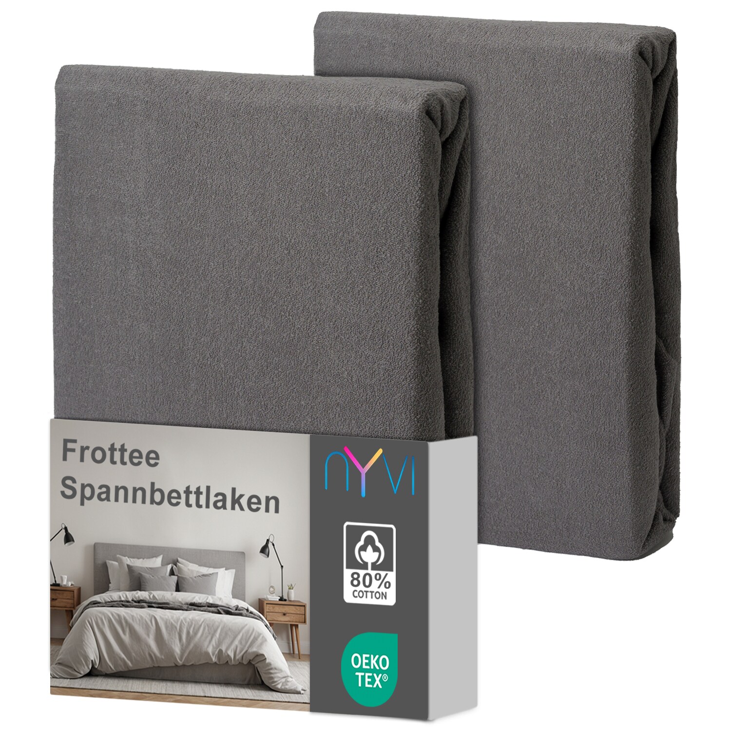 NYVI Spannbettlaken DreamScience Frottee - Warm und Kuschelig, hohe Feuchtigkeitsaufnahme, schnell trocknend - Frottier Spannbetttuch Bettlaken Farbe:grau;Größe:180 - 200x220 + 40 cm Boxspringbett (2er Pack)