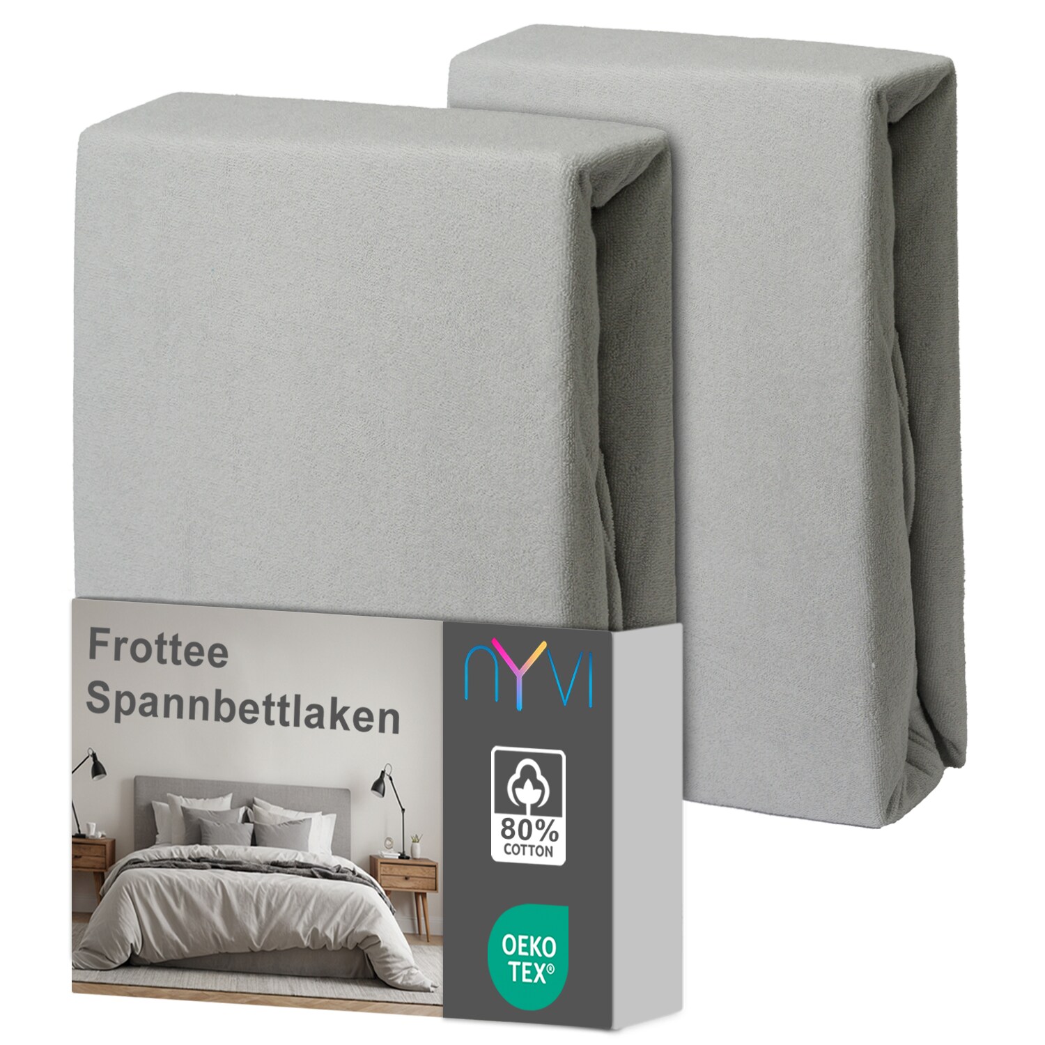 NYVI Spannbettlaken DreamScience Frottee - Warm und Kuschelig, hohe Feuchtigkeitsaufnahme, schnell trocknend - Frottier Spannbetttuch Bettlaken Farbe:silber;Größe:180 - 200x220 + 40 cm Boxspringbett (2er Pack)