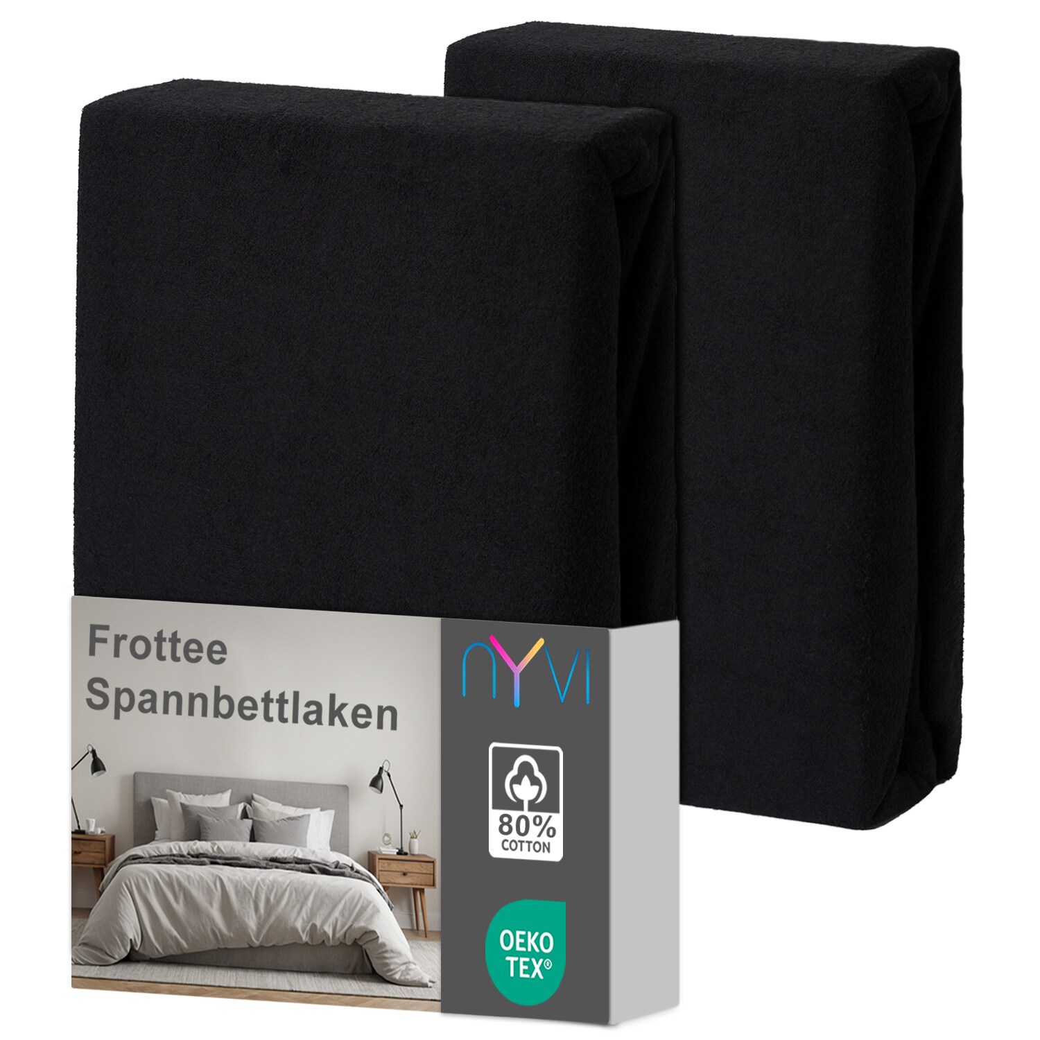 NYVI Spannbettlaken DreamScience Frottee - Warm und Kuschelig, hohe Feuchtigkeitsaufnahme, schnell trocknend - Frottier Spannbetttuch Bettlaken Farbe:schwarz;Größe:180 - 200x220 + 40 cm Boxspringbett (2er Pack)
