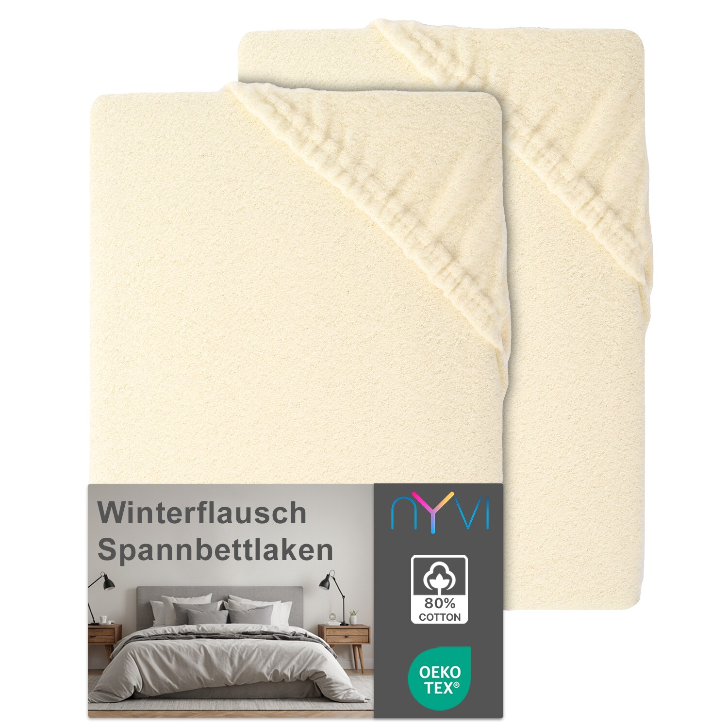 NYVI Spannbettlaken DreamScience Winterflausch für Matratzen bis 22 cm Höhe - Wärmendes & Kuschelweiches Winter Bettlaken Spannbetttuch Farbe:natur;Größe:180x200 - 200x200 cm (2er Pack)