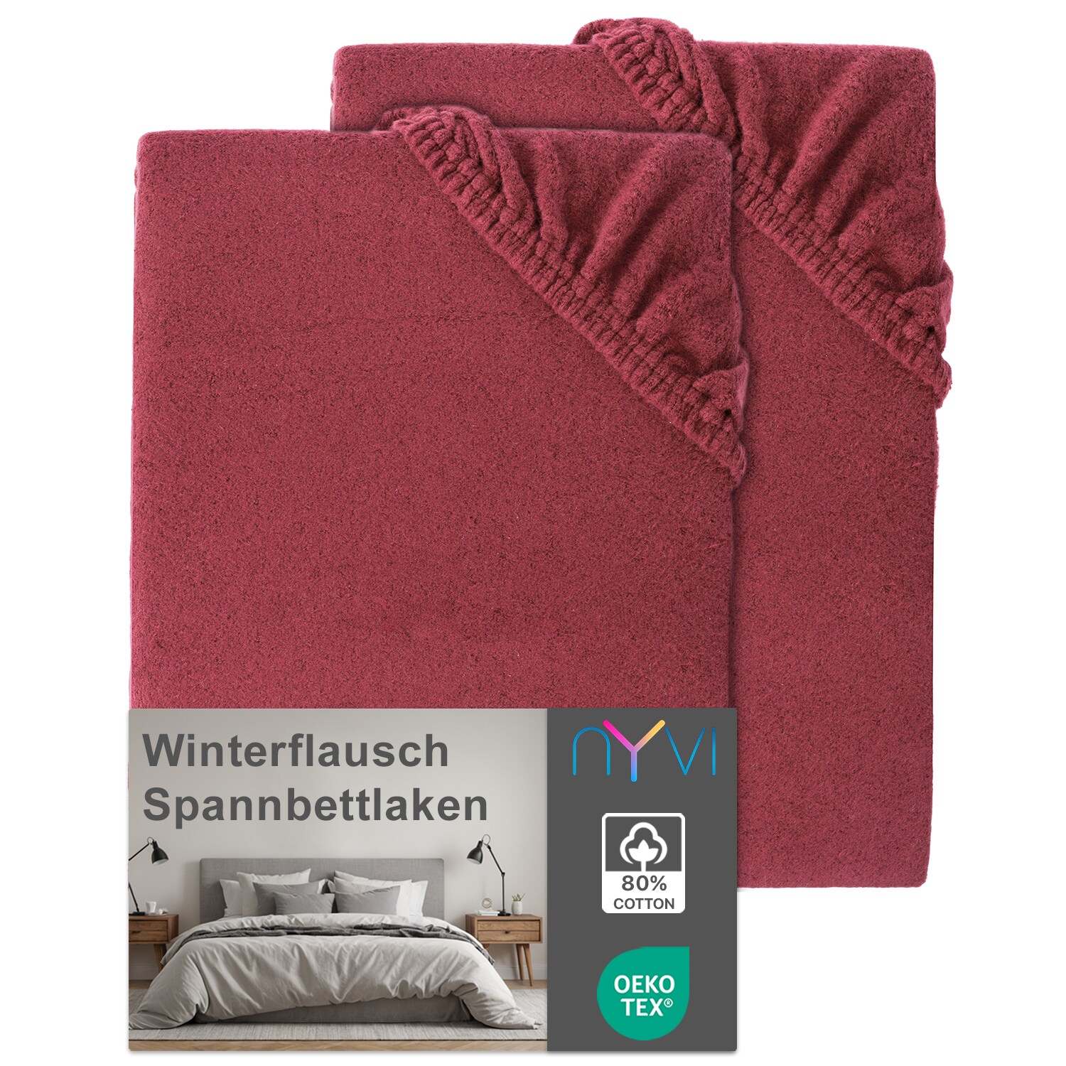 NYVI Spannbettlaken DreamScience Winterflausch für Matratzen bis 22 cm Höhe - Wärmendes & Kuschelweiches Winter Bettlaken Spannbetttuch Farbe:bordeaux;Größe:180x200 - 200x200 cm (2er Pack)