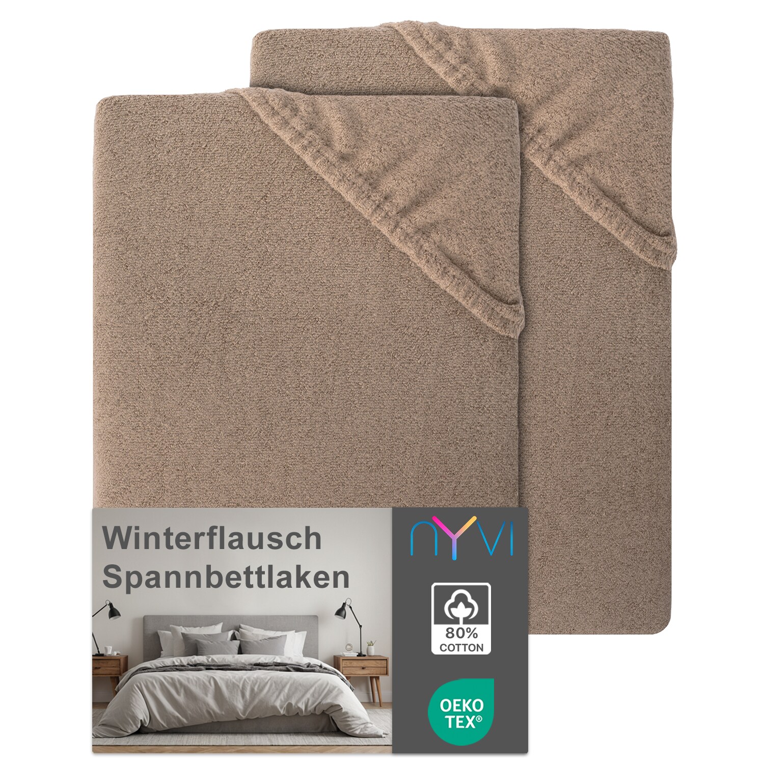 NYVI Spannbettlaken DreamScience Winterflausch f&uuml;r Matratzen bis 22 cm H&ouml;he - W&auml;rmendes & Kuschelweiches Winter Bettlaken Spannbetttuch Farbe:nougat;Gr&ouml;&szlig;e:180x200 - 200x200 cm (2er Pack) - Bild 1