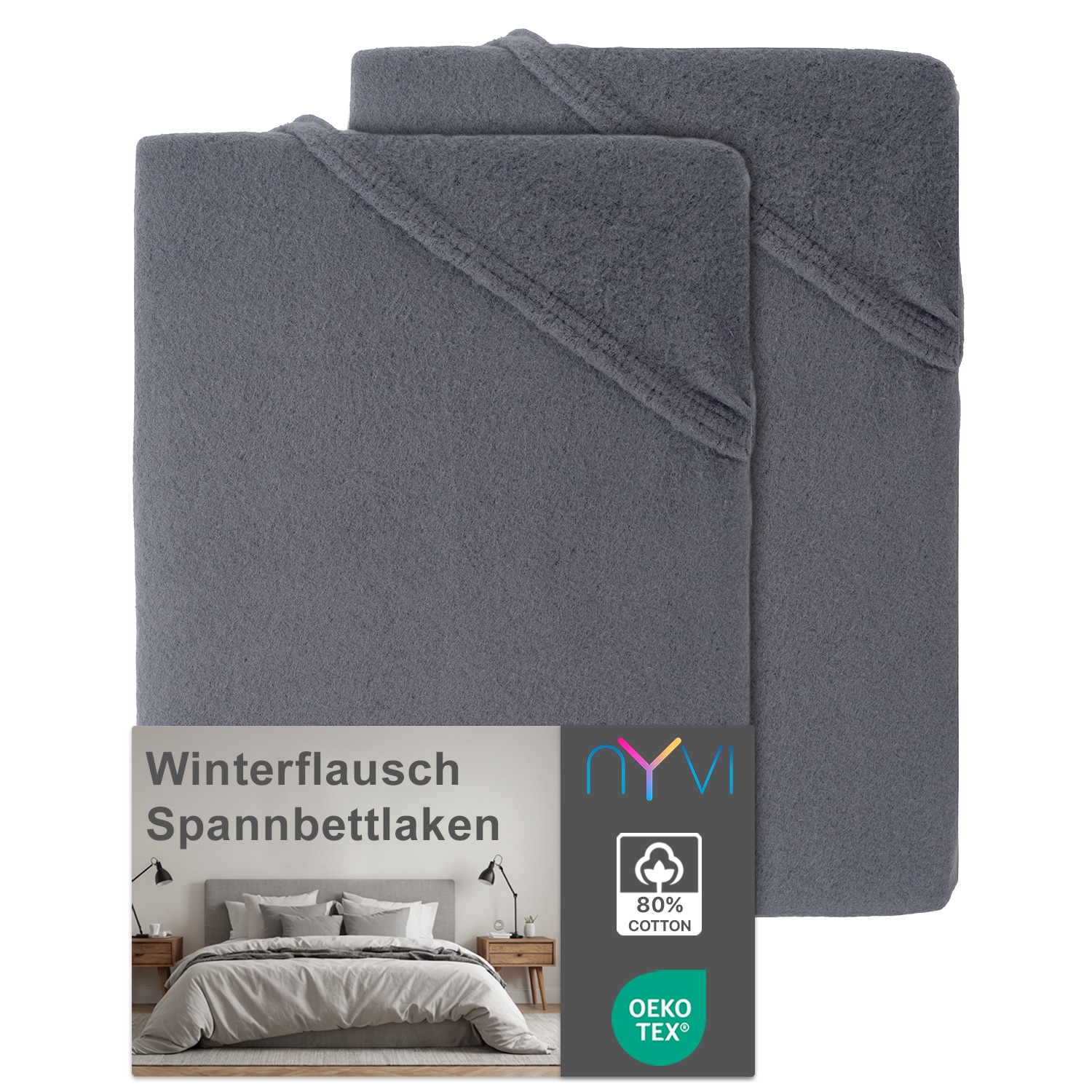 NYVI Spannbettlaken DreamScience Winterflausch f&uuml;r Matratzen bis 22 cm H&ouml;he - W&auml;rmendes & Kuschelweiches Winter Bettlaken Spannbetttuch Farbe:anthrazit;Gr&ouml;&szlig;e:180x200 - 200x200 cm (2er Pack) - Bild 1