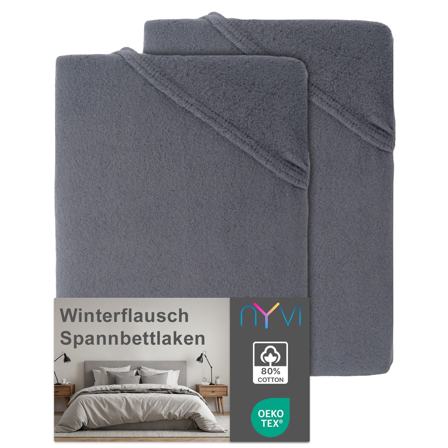 NYVI Spannbettlaken DreamScience Winterflausch für Matratzen bis 22 cm Höhe - Wärmendes & Kuschelweiches Winter Bettlaken Spannbetttuch Farbe:anthrazit;Größe:180x200 - 200x200 cm (2er Pack)