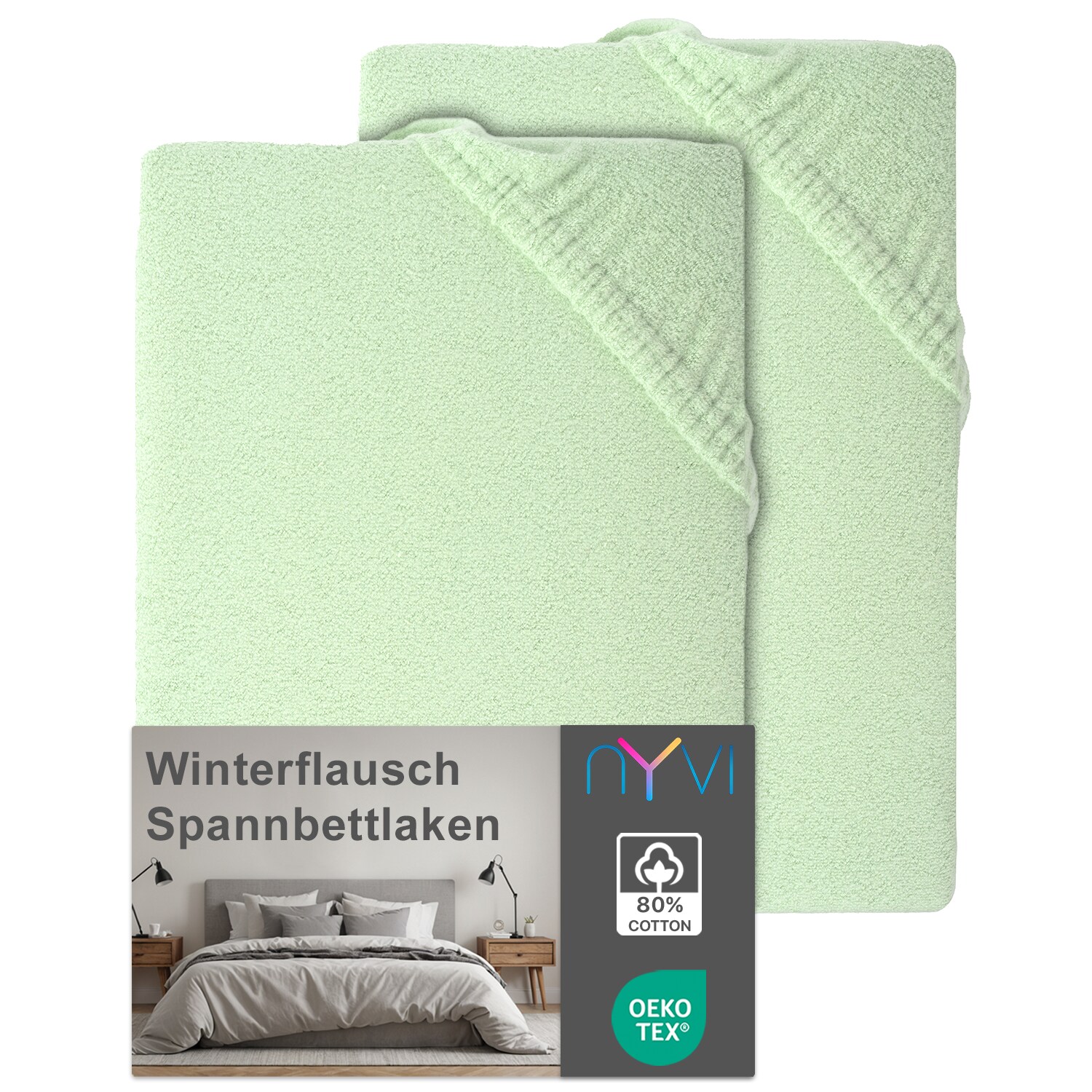 NYVI Spannbettlaken DreamScience Winterflausch für Matratzen bis 22 cm Höhe - Wärmendes & Kuschelweiches Winter Bettlaken Spannbetttuch Farbe:eukalyptus;Größe:180 - 200x220 + 40 cm Boxspringbett (2er Pack)