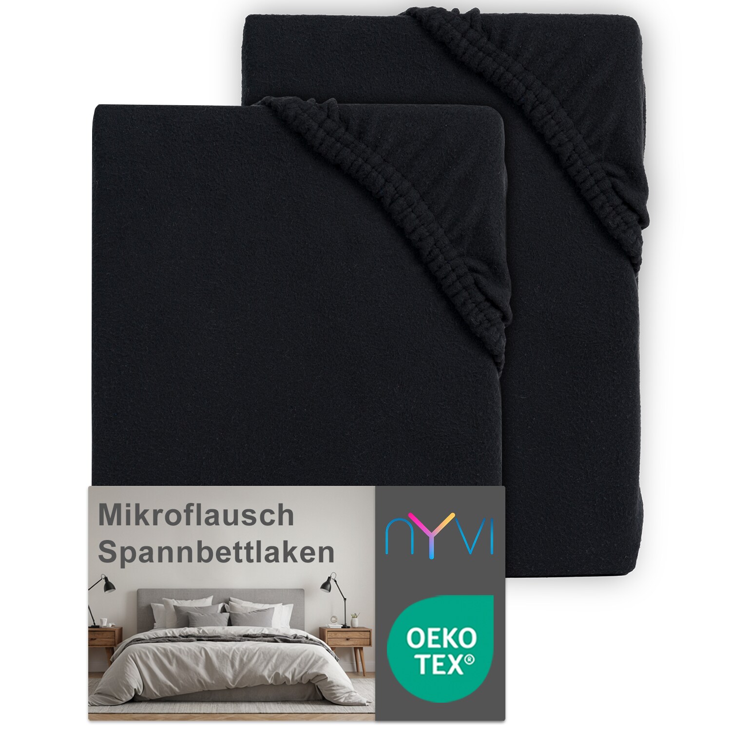 NYVI Spannbettlaken DreamScience Mikroflausch - Kuschelweiches & Wärmendes Bettlaken Spannbetttuch Farbe:schwarz;Größe:180 - 200x220 + 40 cm Boxspringbett (2er Pack)