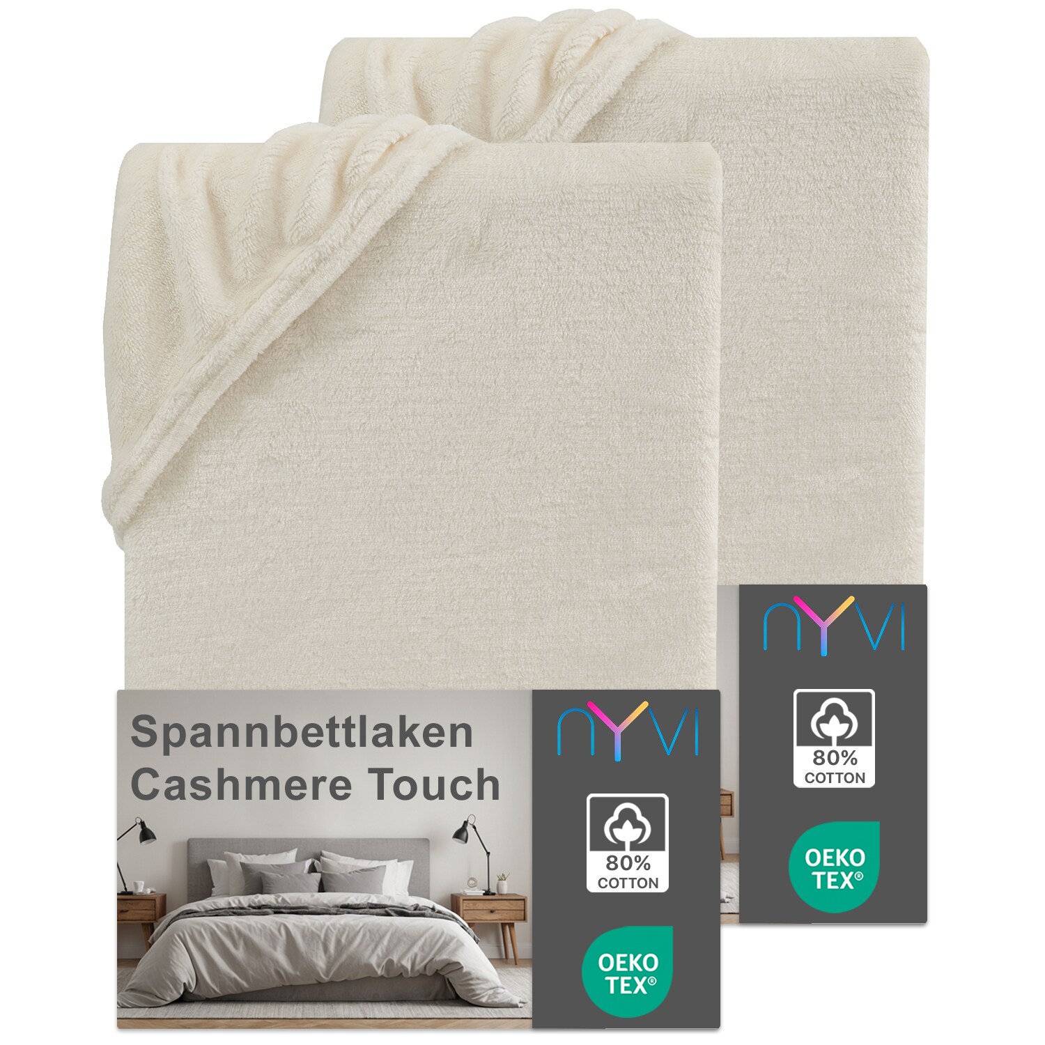 NYVI Spannbettlaken DreamScience Cashmere Touch Spannbetttuch - Kuschelweiches & W&auml;rmendes Bettlaken f&uuml;r Matratzenh&ouml;he bis zu 22 cm Farbe:natur;Gr&ouml;&szlig;e:90x200 - 100x200 cm (2er Pack) - Bild 1