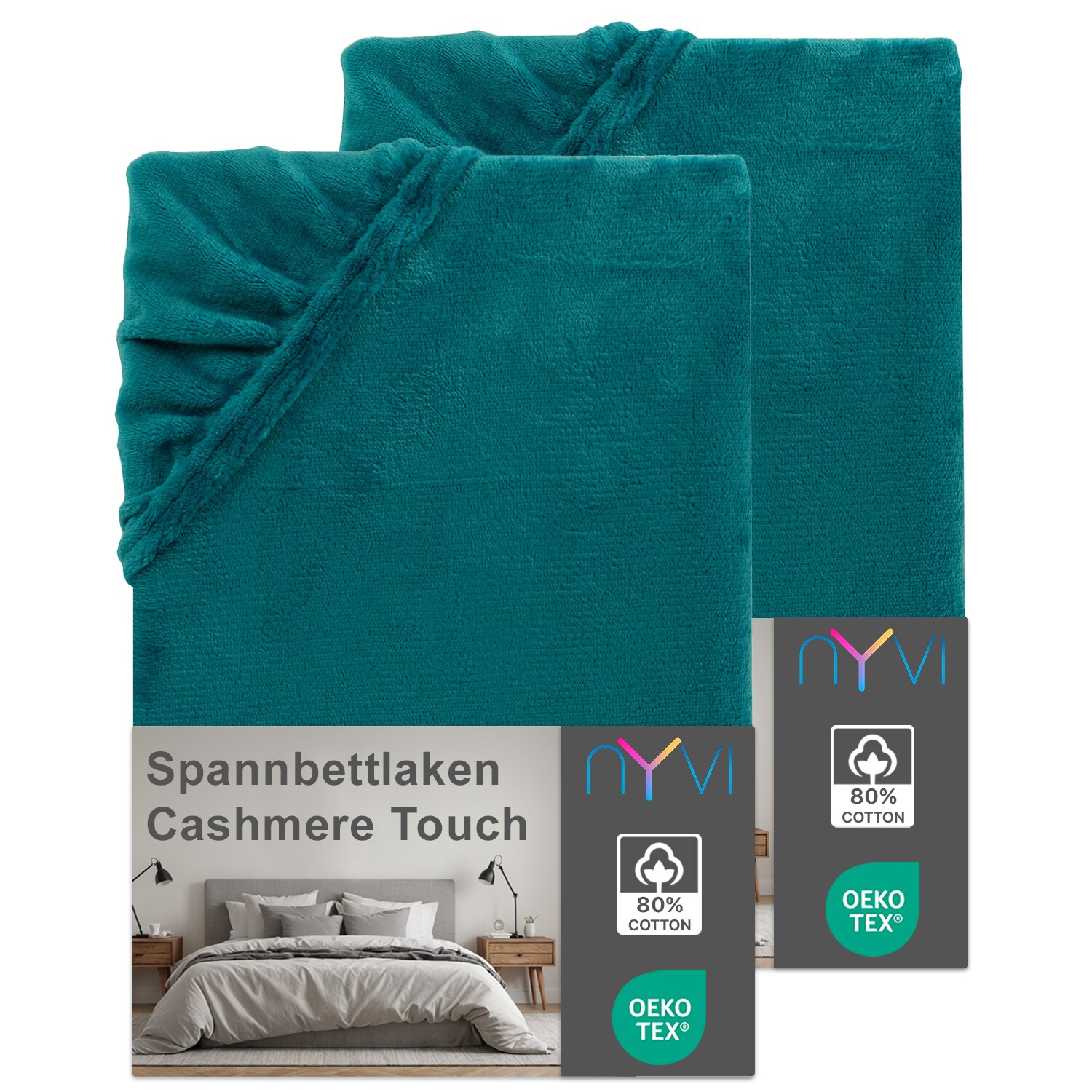 NYVI Spannbettlaken DreamScience Cashmere Touch Spannbetttuch - Kuschelweiches & Wärmendes Bettlaken für Matratzenhöhe bis zu 22 cm Farbe:petrol;Größe:90x200 - 100x200 cm (2er Pack)
