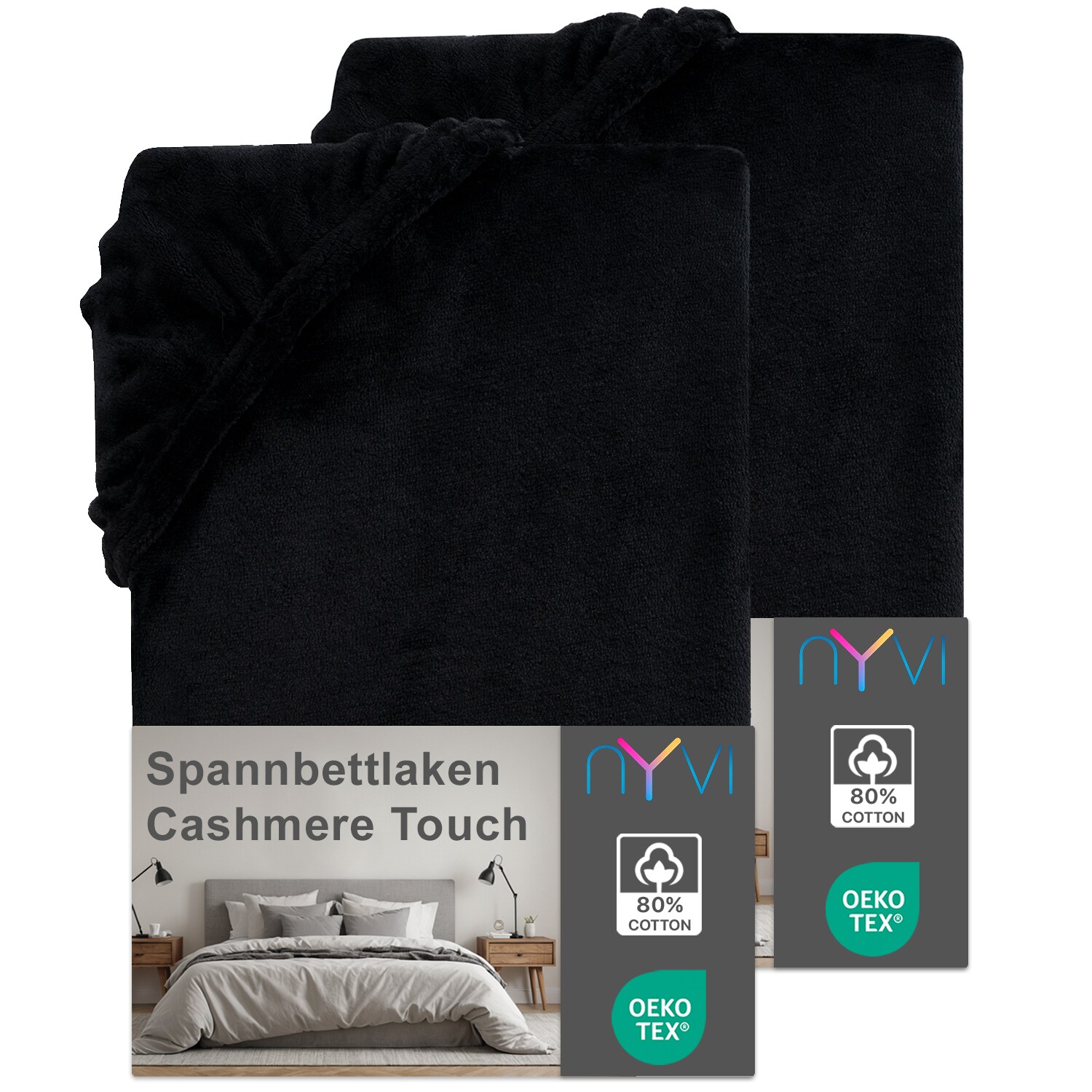 NYVI Spannbettlaken DreamScience Cashmere Touch Spannbetttuch - Kuschelweiches & W&auml;rmendes Bettlaken f&uuml;r Matratzenh&ouml;he bis zu 22 cm Farbe:schwarz;Gr&ouml;&szlig;e:90x200 - 100x200 cm (2er Pack) - Bild 1