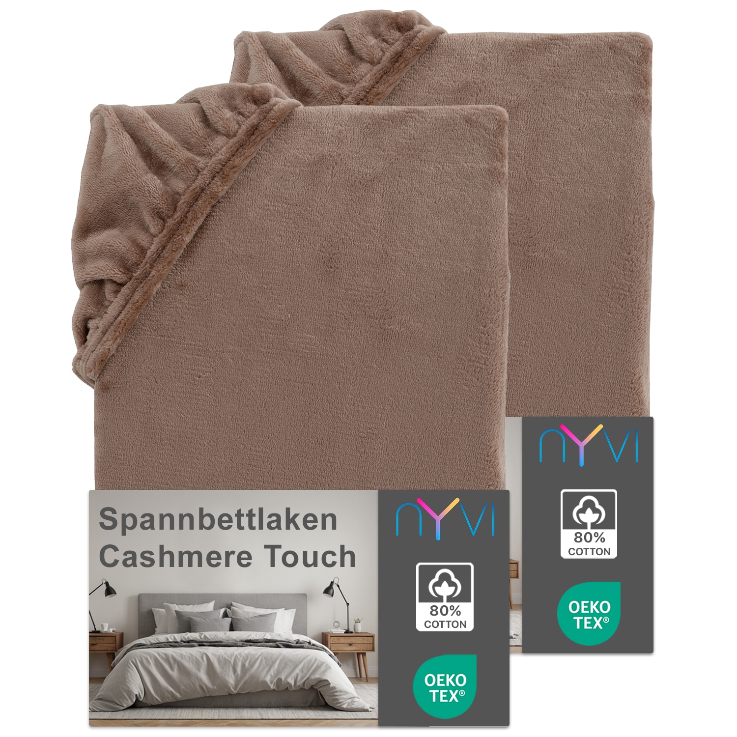 NYVI Spannbettlaken DreamScience Cashmere Touch Spannbetttuch - Kuschelweiches & W&auml;rmendes Bettlaken f&uuml;r Matratzenh&ouml;he bis zu 22 cm Farbe:nougat;Gr&ouml;&szlig;e:140x200 - 160x200 cm (2er Pack) - Bild 1