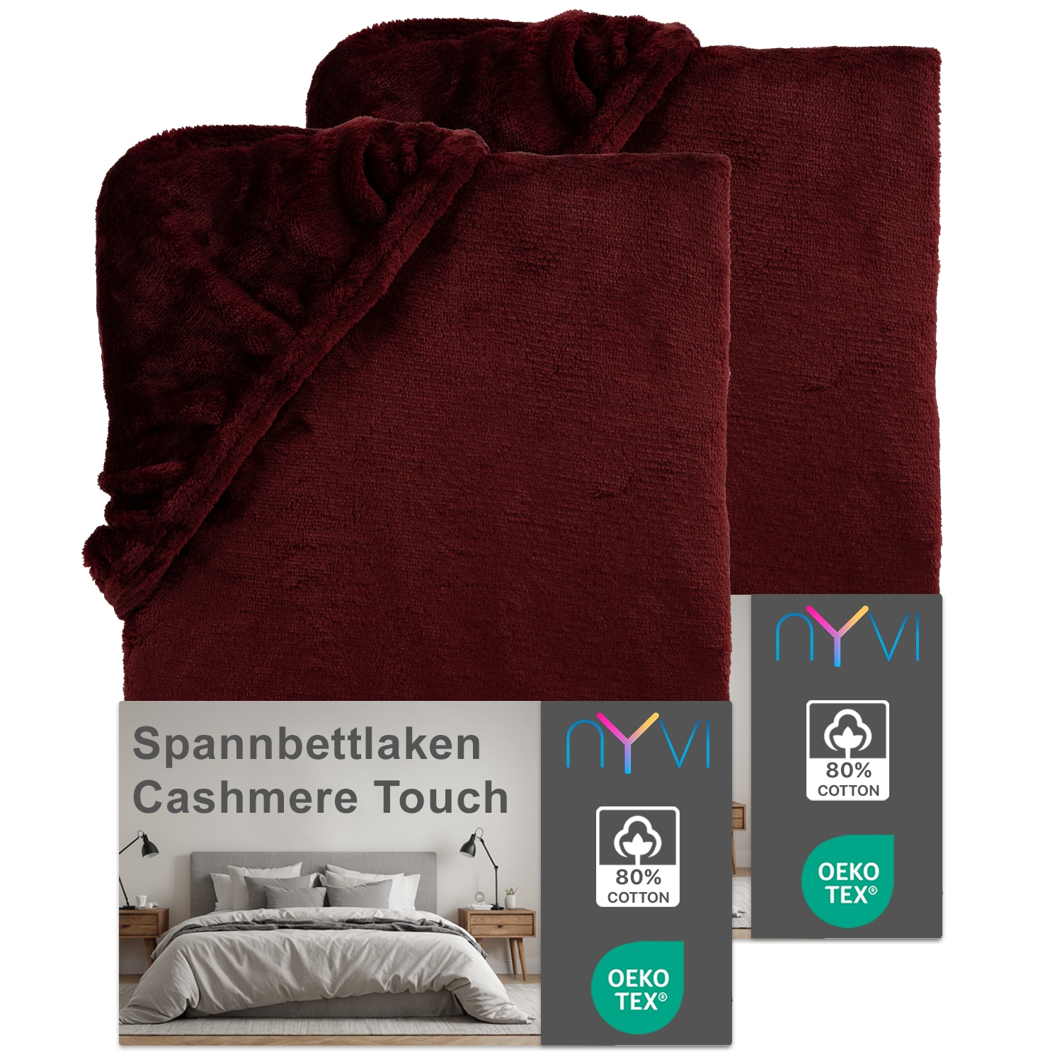 NYVI Spannbettlaken DreamScience Cashmere Touch Spannbetttuch - Kuschelweiches & W&auml;rmendes Bettlaken f&uuml;r Matratzenh&ouml;he bis zu 22 cm Farbe:bordeaux;Gr&ouml;&szlig;e:180x200 - 200x200 cm (2er Pack) - Bild 1