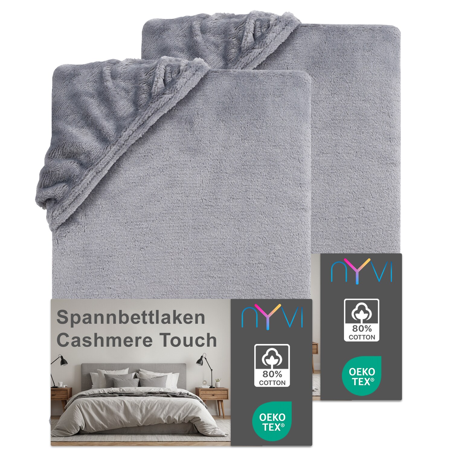 NYVI Spannbettlaken DreamScience Cashmere Touch Spannbetttuch - Kuschelweiches & Wärmendes Bettlaken für Matratzenhöhe bis zu 22 cm Farbe:grau;Größe:180x200 - 200x200 cm (2er Pack)