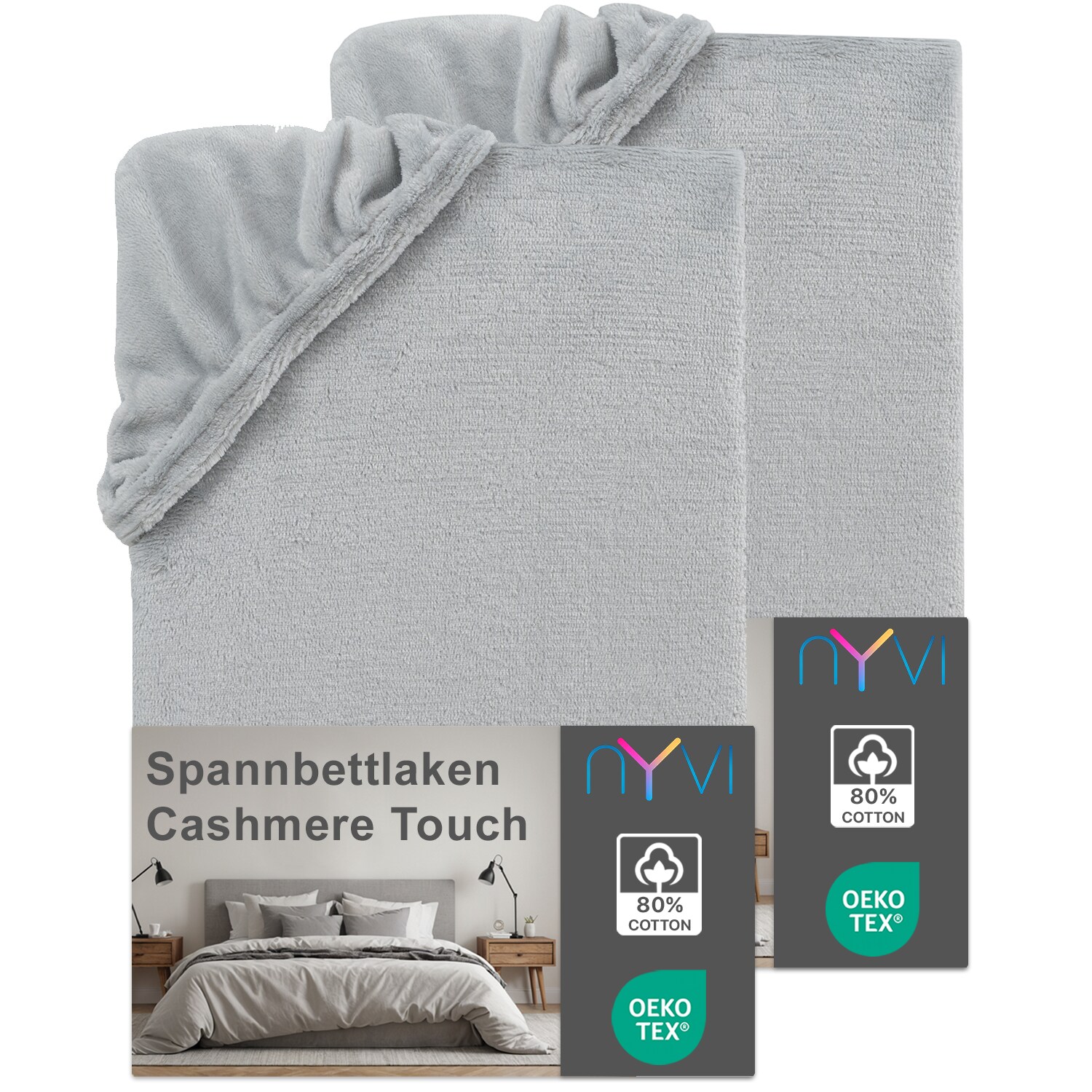 NYVI Spannbettlaken DreamScience Cashmere Touch Spannbetttuch - Kuschelweiches & Wärmendes Bettlaken für Matratzenhöhe bis zu 22 cm Farbe:silber;Größe:180x200 - 200x200 cm (2er Pack)