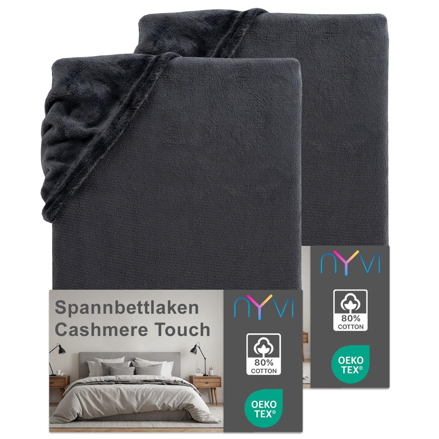 NYVI Spannbettlaken DreamScience Cashmere Touch Spannbetttuch - Kuschelweiches & W&auml;rmendes Bettlaken f&uuml;r Matratzenh&ouml;he bis zu 22 cm Farbe:anthrazit;Gr&ouml;&szlig;e:180x200 - 200x200 cm (2er Pack) - Bild 1