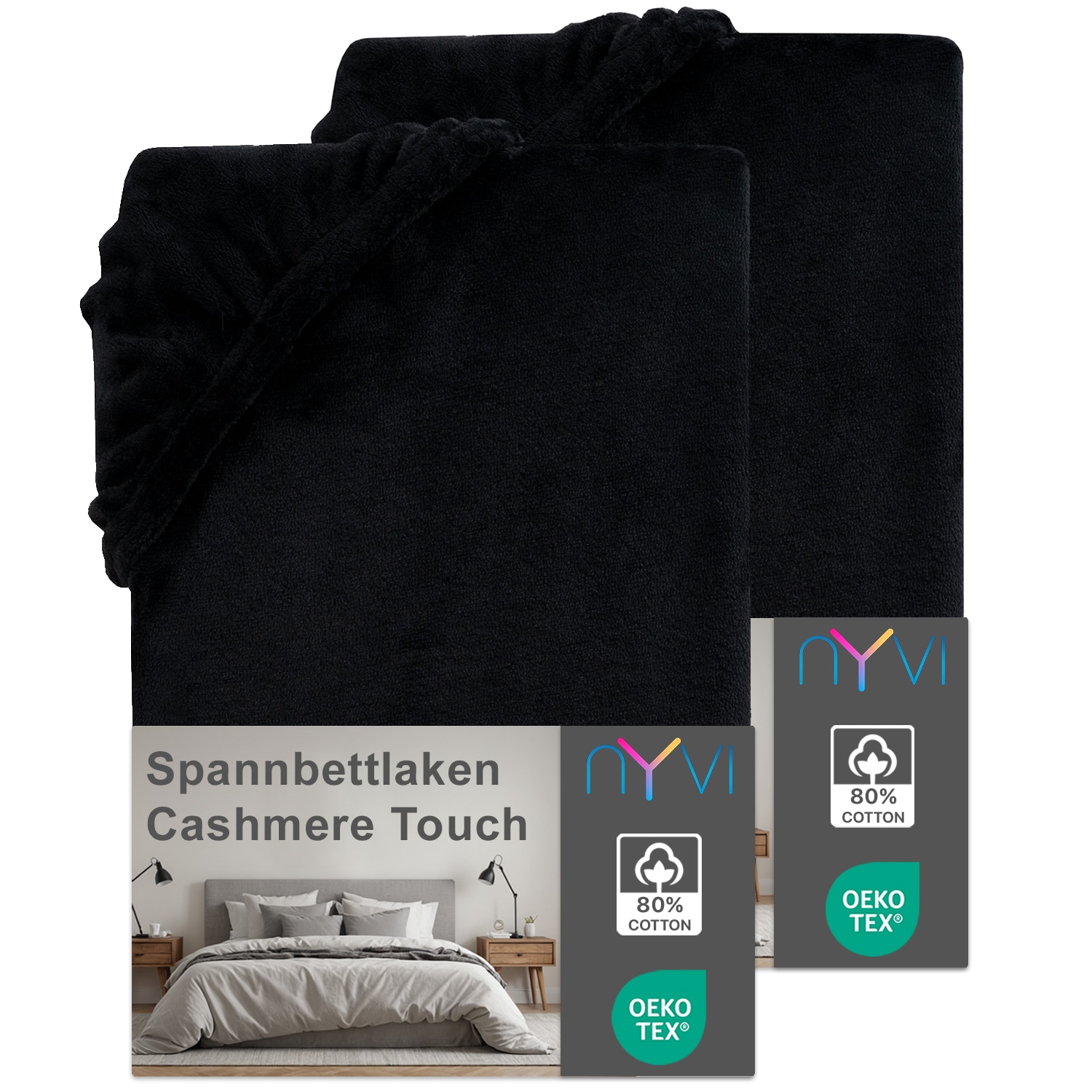 NYVI Spannbettlaken DreamScience Cashmere Touch Spannbetttuch - Kuschelweiches & W&auml;rmendes Bettlaken f&uuml;r Matratzenh&ouml;he bis zu 22 cm Farbe:schwarz;Gr&ouml;&szlig;e:180x200 - 200x200 cm (2er Pack) - Bild 1