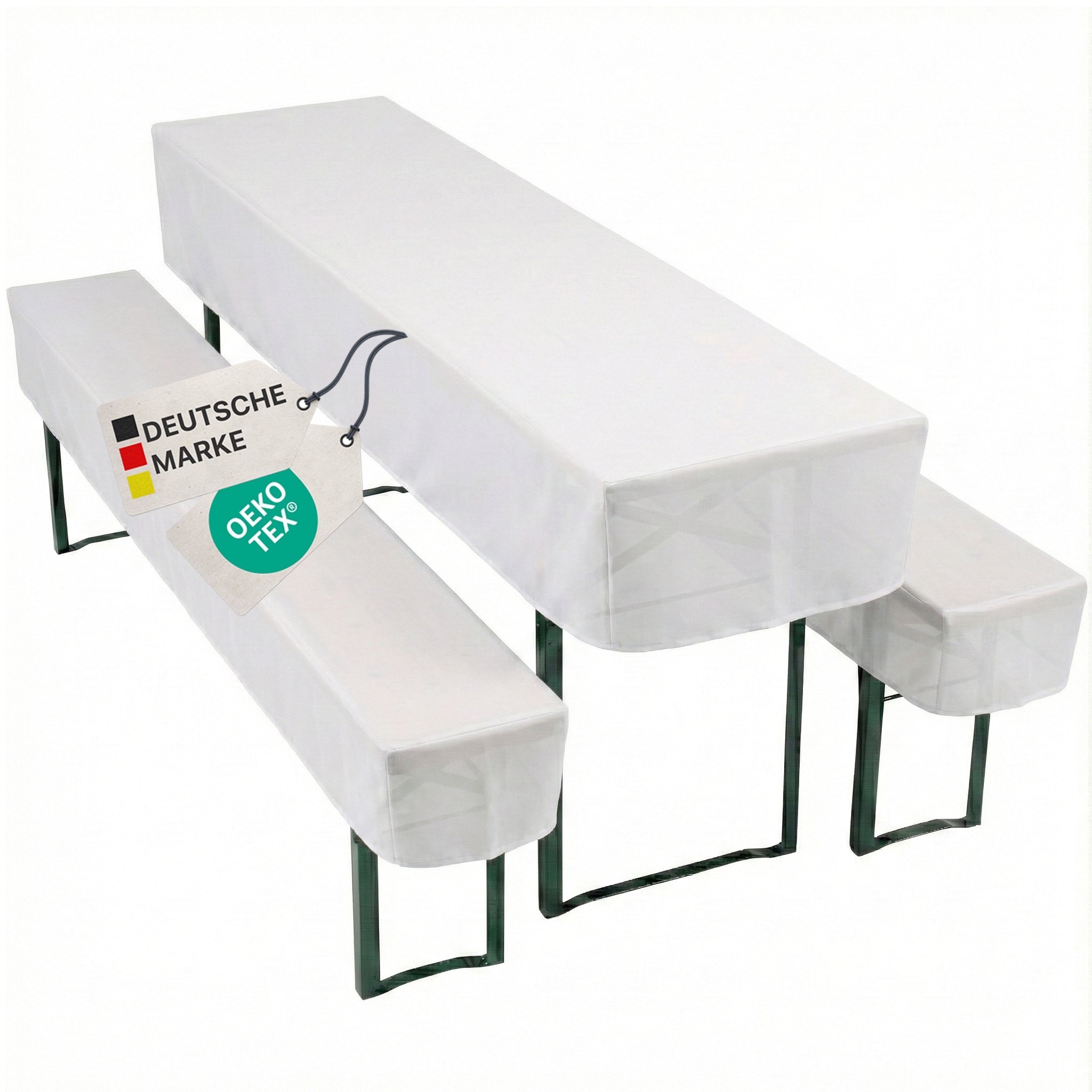 NYVI Biertischhussen Set NYVIGala - 3-teiliges Hussen-Set f&uuml;r Bierzeltgarnitur - Tischhusse & 2 Bierbankhussen f&uuml;r 220x25 cm Sitzb&auml;nke Farbe:Wei&szlig;;Gr&ouml;&szlig;e:50x220 cm + 2x 25x220 cm - Bild 1