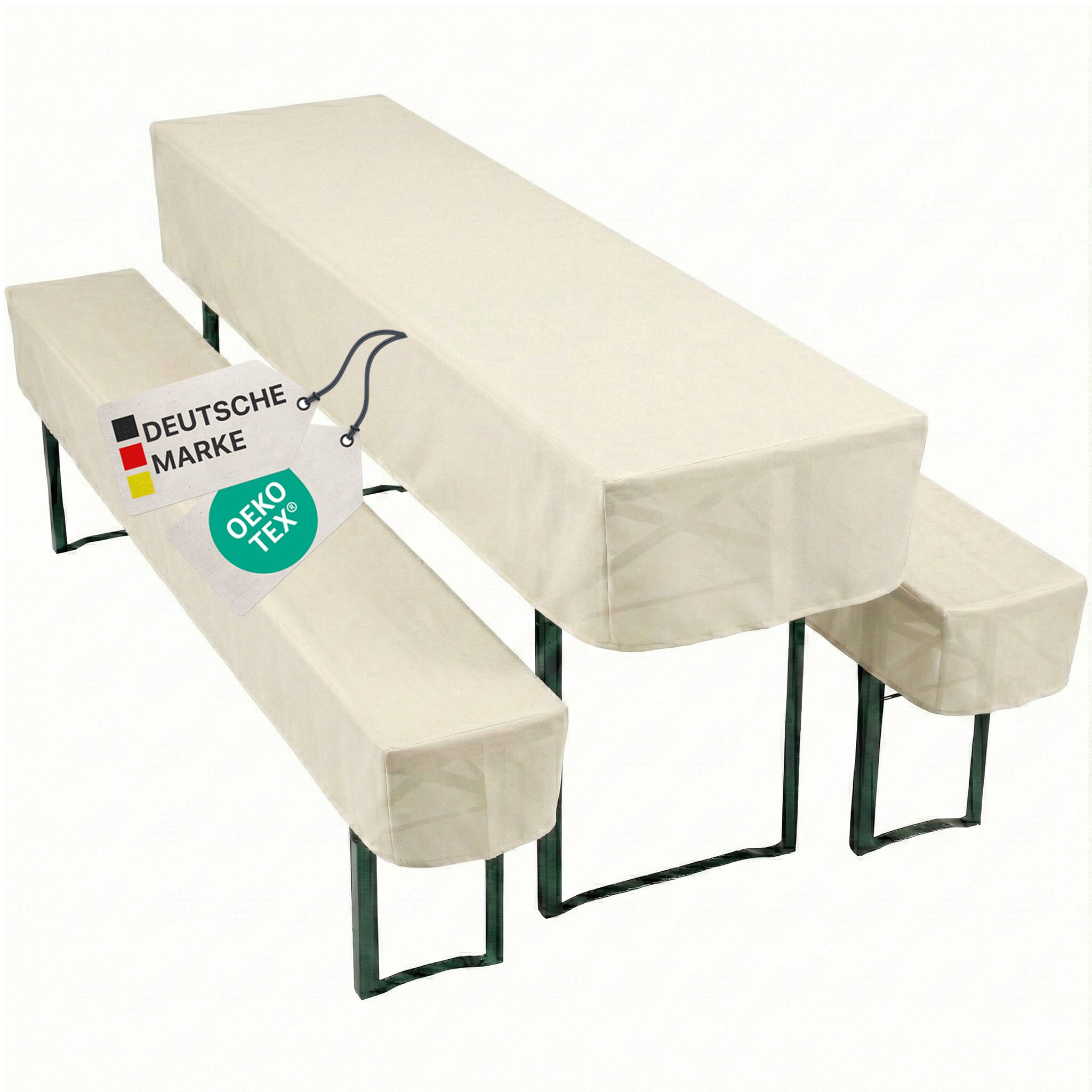 NYVI Biertischhussen Set NYVIGala - 3-teiliges Hussen-Set f&uuml;r Bierzeltgarnitur - Tischhusse & 2 Bierbankhussen f&uuml;r 220x25 cm Sitzb&auml;nke Farbe:Ecru;Gr&ouml;&szlig;e:50x220 cm + 2x 25x220 cm - Bild 1