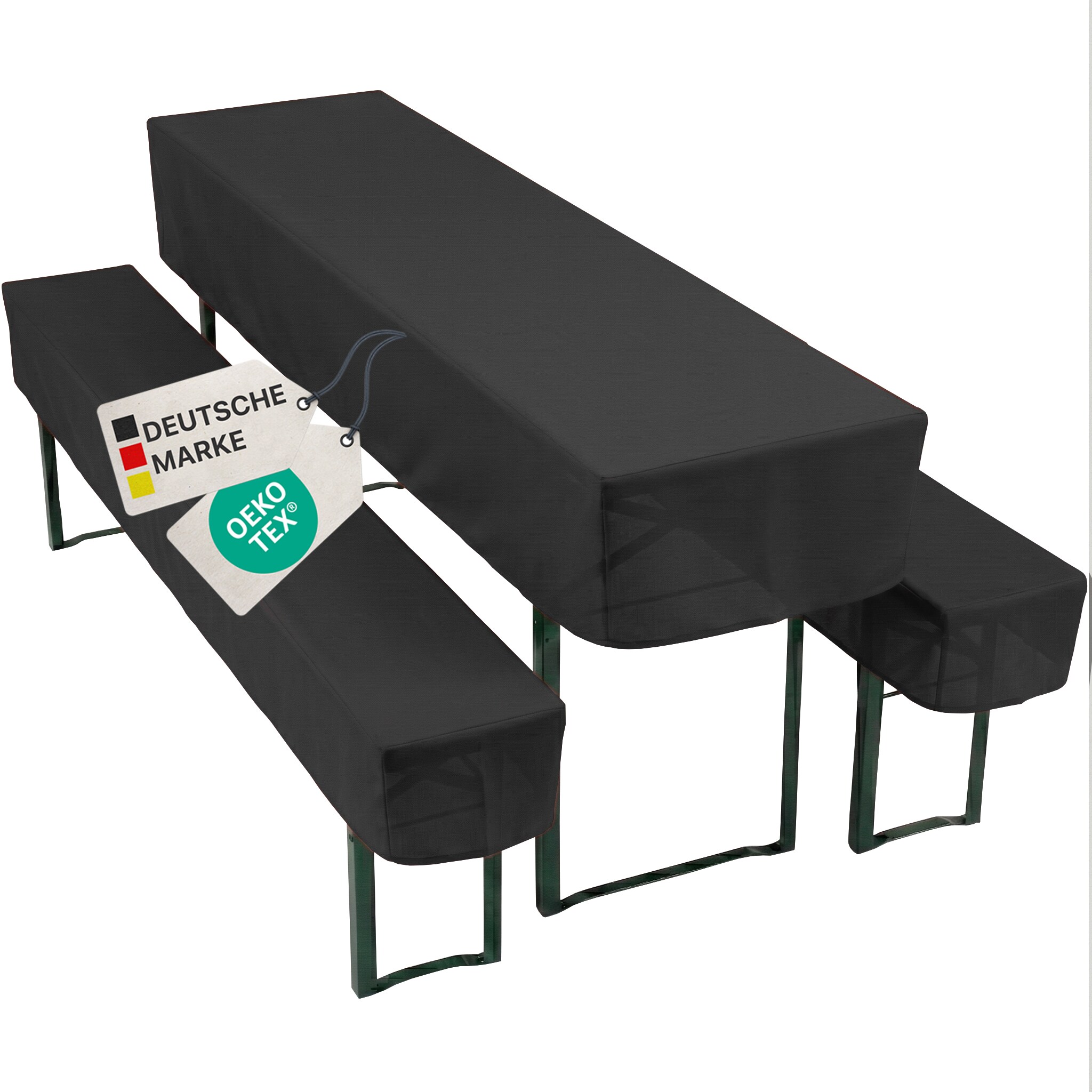 NYVI Biertischhussen Set NYVIGala - 3-teiliges Hussen-Set f&uuml;r Bierzeltgarnitur - Tischhusse & 2 Bierbankhussen f&uuml;r 220x25 cm Sitzb&auml;nke Farbe:Schwarz;Gr&ouml;&szlig;e:50x220 cm + 2x 25x220 cm - Bild 1