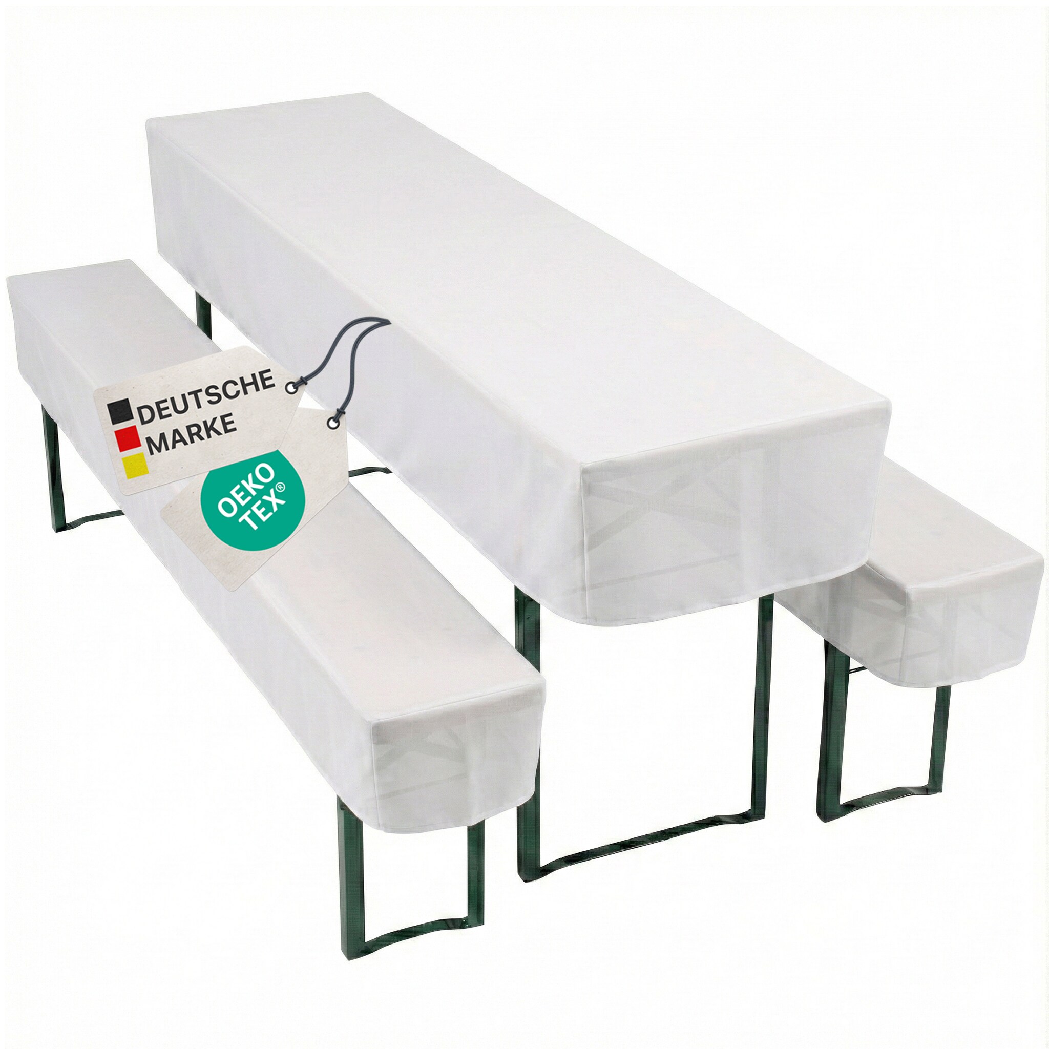 NYVI Biertischhussen Set NYVIGala - 3-teiliges Hussen-Set f&uuml;r Bierzeltgarnitur - Tischhusse & 2 Bierbankhussen f&uuml;r 220x25 cm Sitzb&auml;nke Farbe:Wei&szlig;;Gr&ouml;&szlig;e:70x220 cm + 2x 25x220 cm - Bild 1