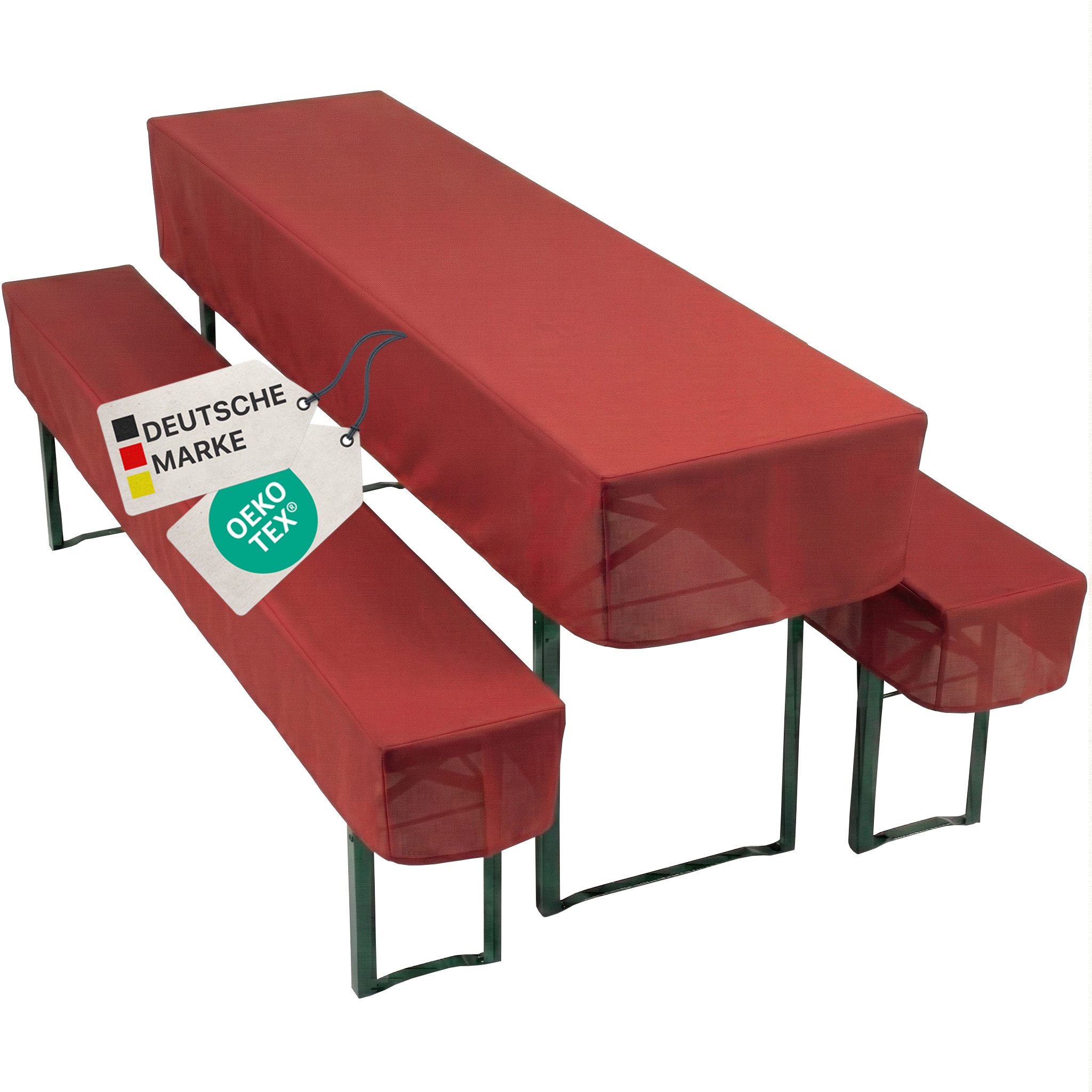 NYVI Biertischhussen Set NYVIGala - 3-teiliges Hussen-Set f&uuml;r Bierzeltgarnitur - Tischhusse & 2 Bierbankhussen f&uuml;r 220x25 cm Sitzb&auml;nke Farbe:Rot;Gr&ouml;&szlig;e:70x220 cm + 2x 25x220 cm - Bild 1