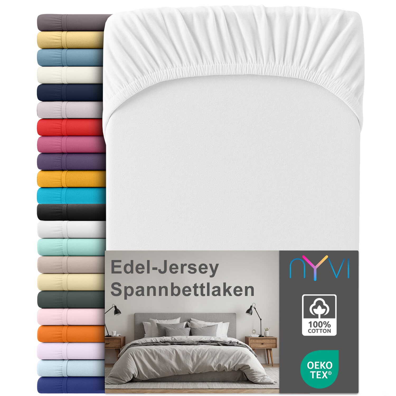 NYVI Edel Jersey Spannbettlaken Deluxe f&uuml;r Matratzen bis 25 cm Stegh&ouml;he - 100% Baumwolle supergek&auml;mmt, 140g/m&sup2;, Rundumgummizug Farbe:Wei&szlig;;Gr&ouml;&szlig;e:90-100 x 200 cm - Bild 1