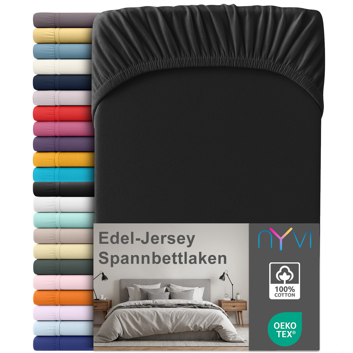 NYVI Edel Jersey Spannbettlaken Deluxe f&uuml;r Matratzen bis 25 cm Stegh&ouml;he - 100% Baumwolle supergek&auml;mmt, 140g/m&sup2;, Rundumgummizug Farbe:Schwarz;Gr&ouml;&szlig;e:90-100 x 220 cm - Bild 1