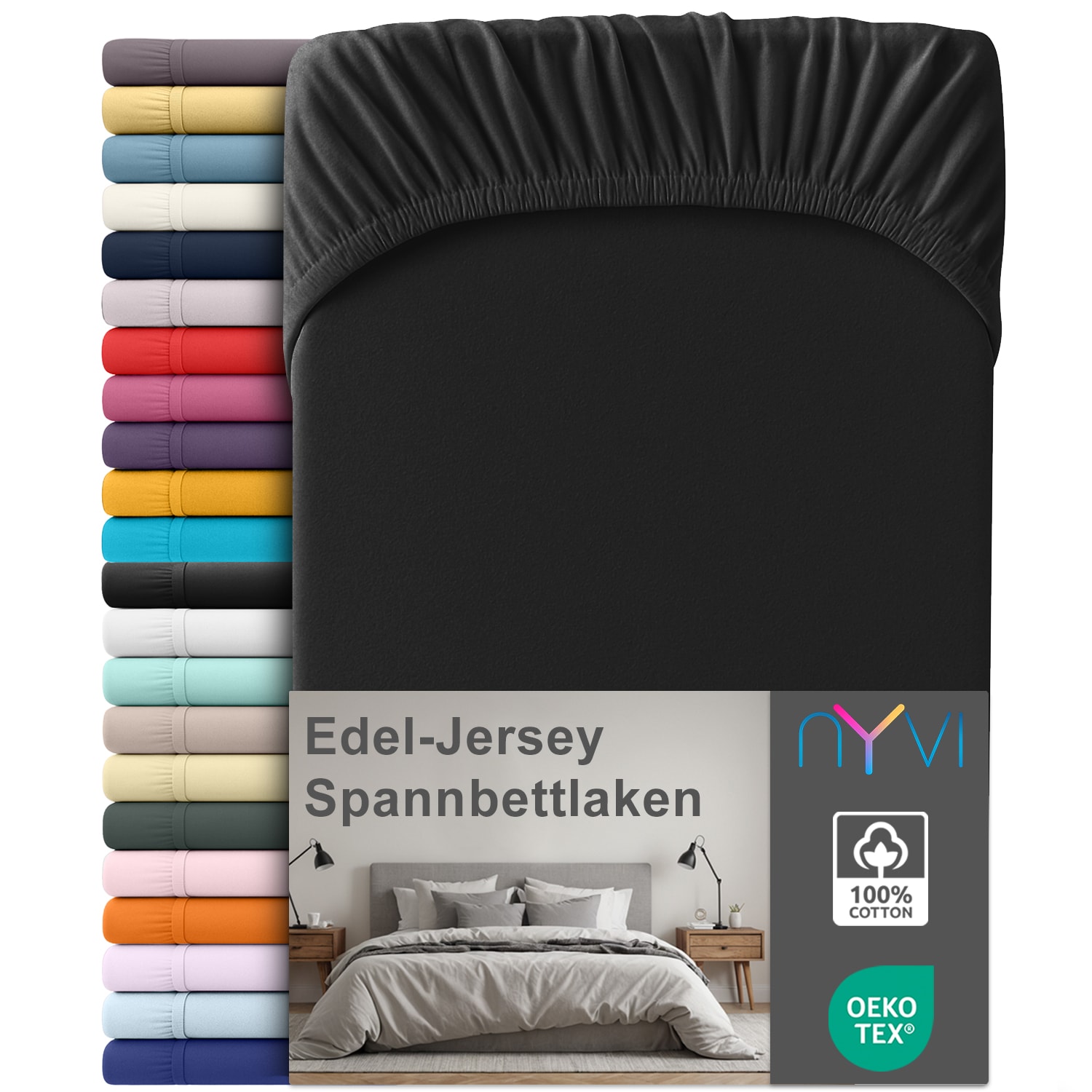 NYVI Edel Jersey Spannbettlaken Deluxe f&uuml;r Matratzen bis 25 cm Stegh&ouml;he - 100% Baumwolle supergek&auml;mmt, 140g/m&sup2;, Rundumgummizug Farbe:Schwarz;Gr&ouml;&szlig;e:140-160 x 200 cm - Bild 1