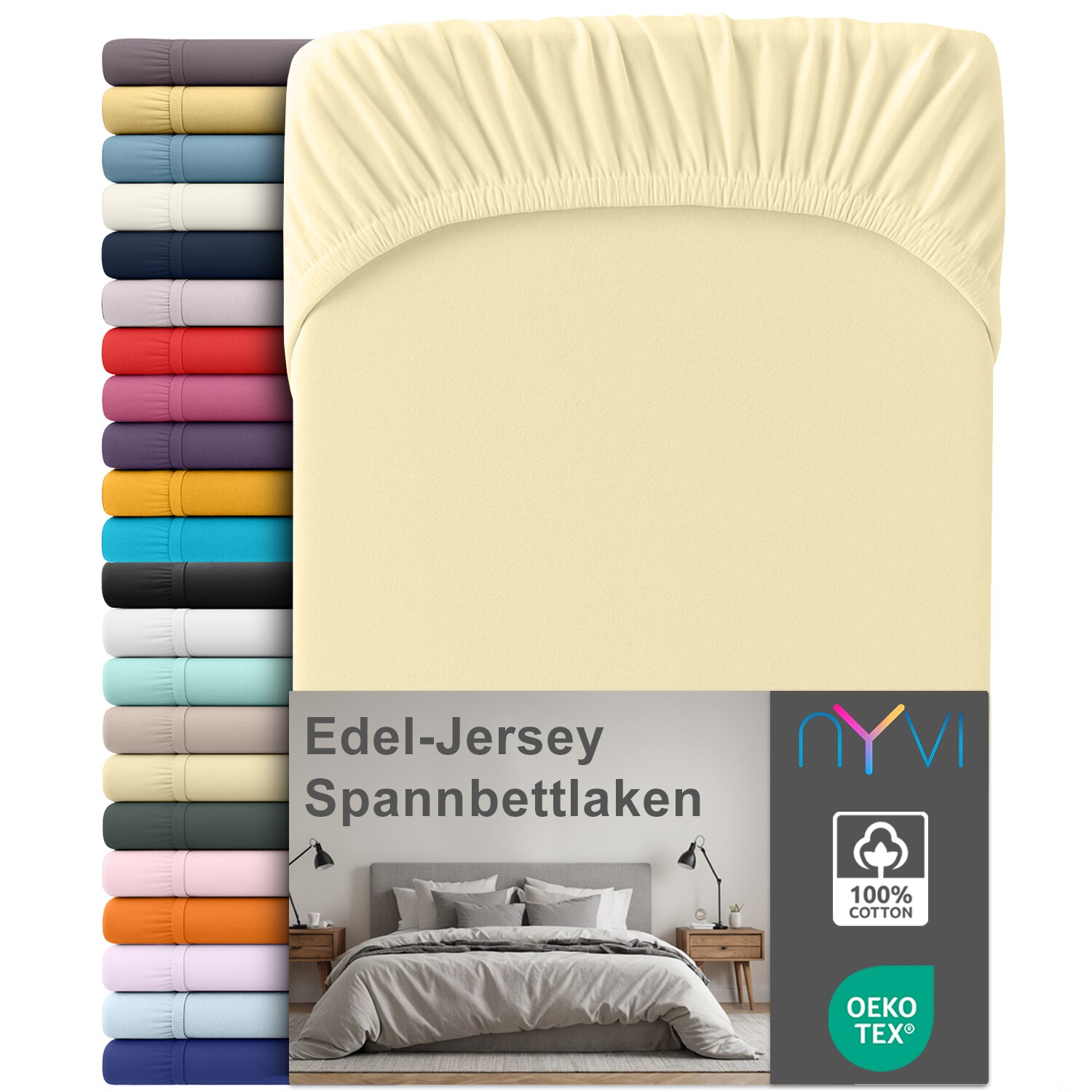 NYVI Edel Jersey Spannbettlaken Deluxe f&uuml;r Matratzen bis 25 cm Stegh&ouml;he - 100% Baumwolle supergek&auml;mmt, 140g/m&sup2;, Rundumgummizug Gr&ouml;&szlig;e:180-200 x 200 cm;Farbe:Vanille - Bild 1