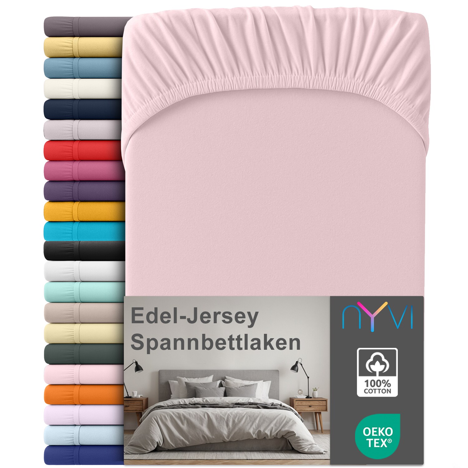 NYVI Edel Jersey Spannbettlaken Deluxe f&uuml;r Matratzen bis 25 cm Stegh&ouml;he - 100% Baumwolle supergek&auml;mmt, 140g/m&sup2;, Rundumgummizug Farbe:Rosa;Gr&ouml;&szlig;e:90-100 x 200 cm - Bild 1