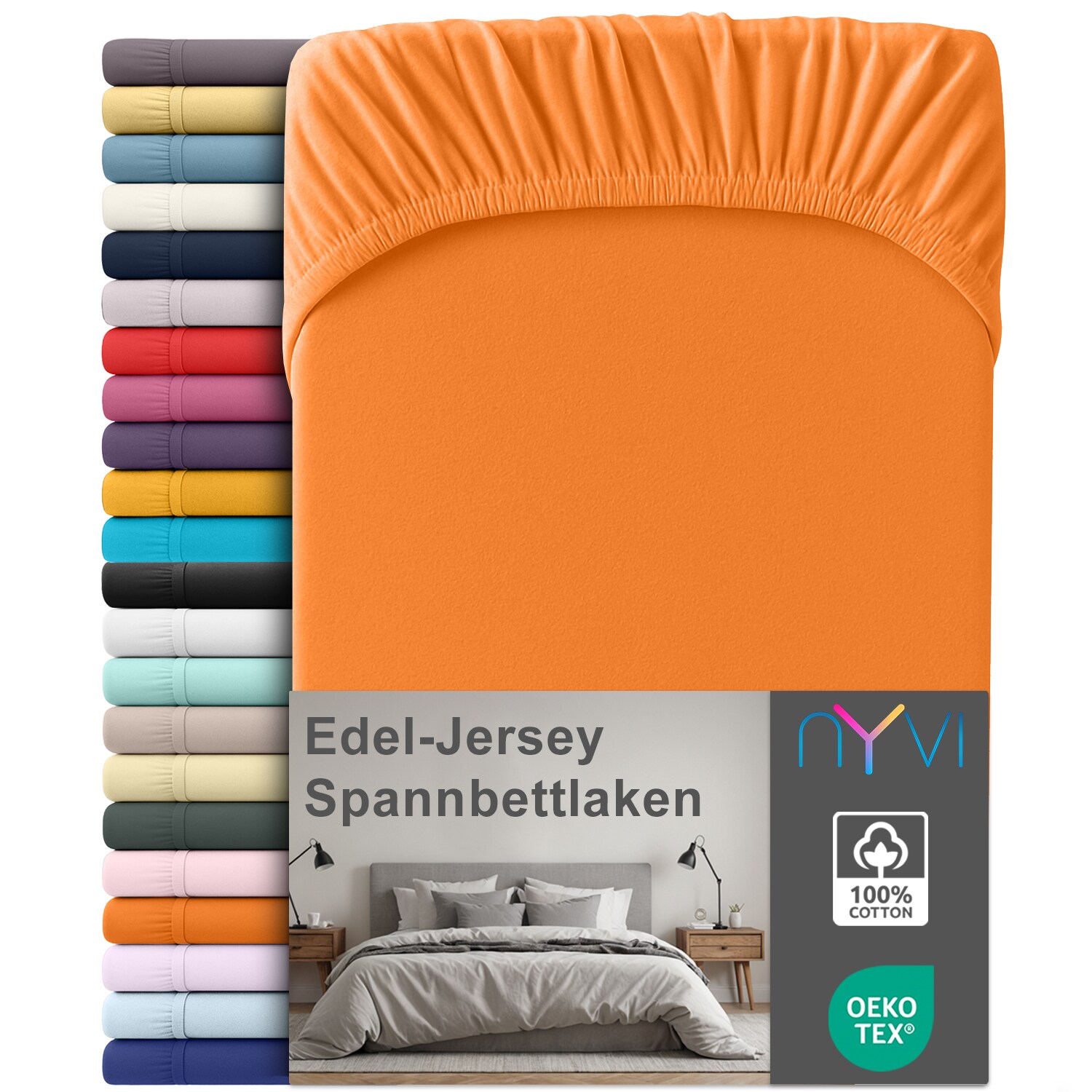 NYVI Edel Jersey Spannbettlaken Deluxe f&uuml;r Matratzen bis 25 cm Stegh&ouml;he - 100% Baumwolle supergek&auml;mmt, 140g/m&sup2;, Rundumgummizug Farbe:Orange;Gr&ouml;&szlig;e:90-100 x 200 cm - Bild 1