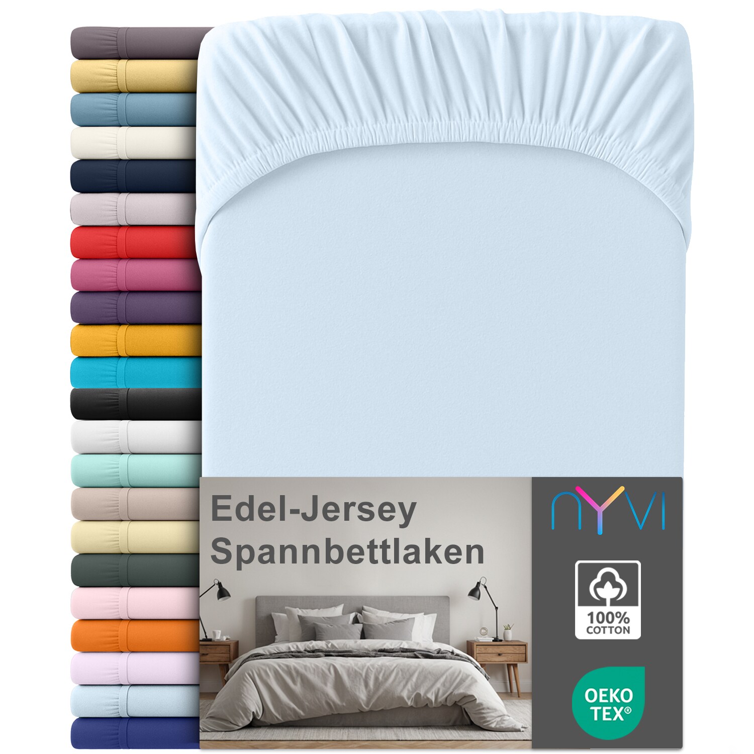 NYVI Edel Jersey Spannbettlaken Deluxe f&uuml;r Matratzen bis 25 cm Stegh&ouml;he - 100% Baumwolle supergek&auml;mmt, 140g/m&sup2;, Rundumgummizug Gr&ouml;&szlig;e:140-160 x 200 cm;Farbe:Hellblau - Bild 1