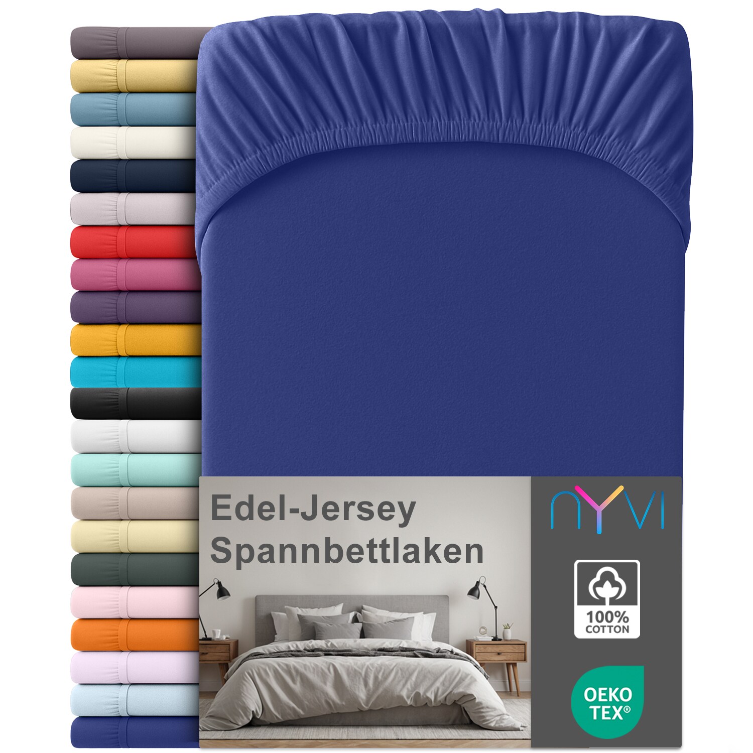 NYVI Edel Jersey Spannbettlaken Deluxe f&uuml;r Matratzen bis 25 cm Stegh&ouml;he - 100% Baumwolle supergek&auml;mmt, 140g/m&sup2;, Rundumgummizug Gr&ouml;&szlig;e:140-160 x 200 cm;Farbe:Royalblau - Bild 1