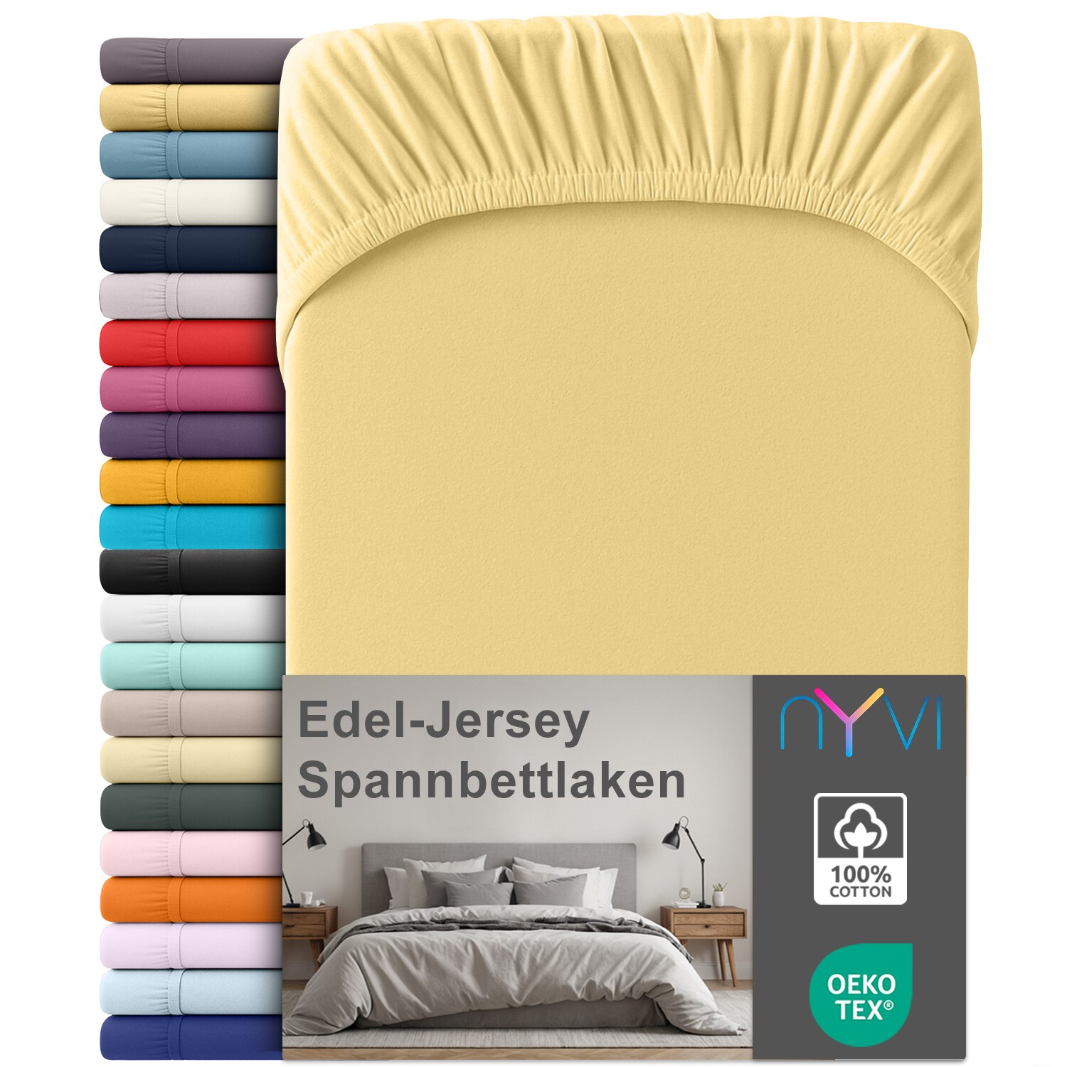 NYVI Edel Jersey Spannbettlaken Deluxe f&uuml;r Matratzen bis 25 cm Stegh&ouml;he - 100% Baumwolle supergek&auml;mmt, 140g/m&sup2;, Rundumgummizug Gr&ouml;&szlig;e:180-200 x 200 cm;Farbe:Gelb - Bild 1