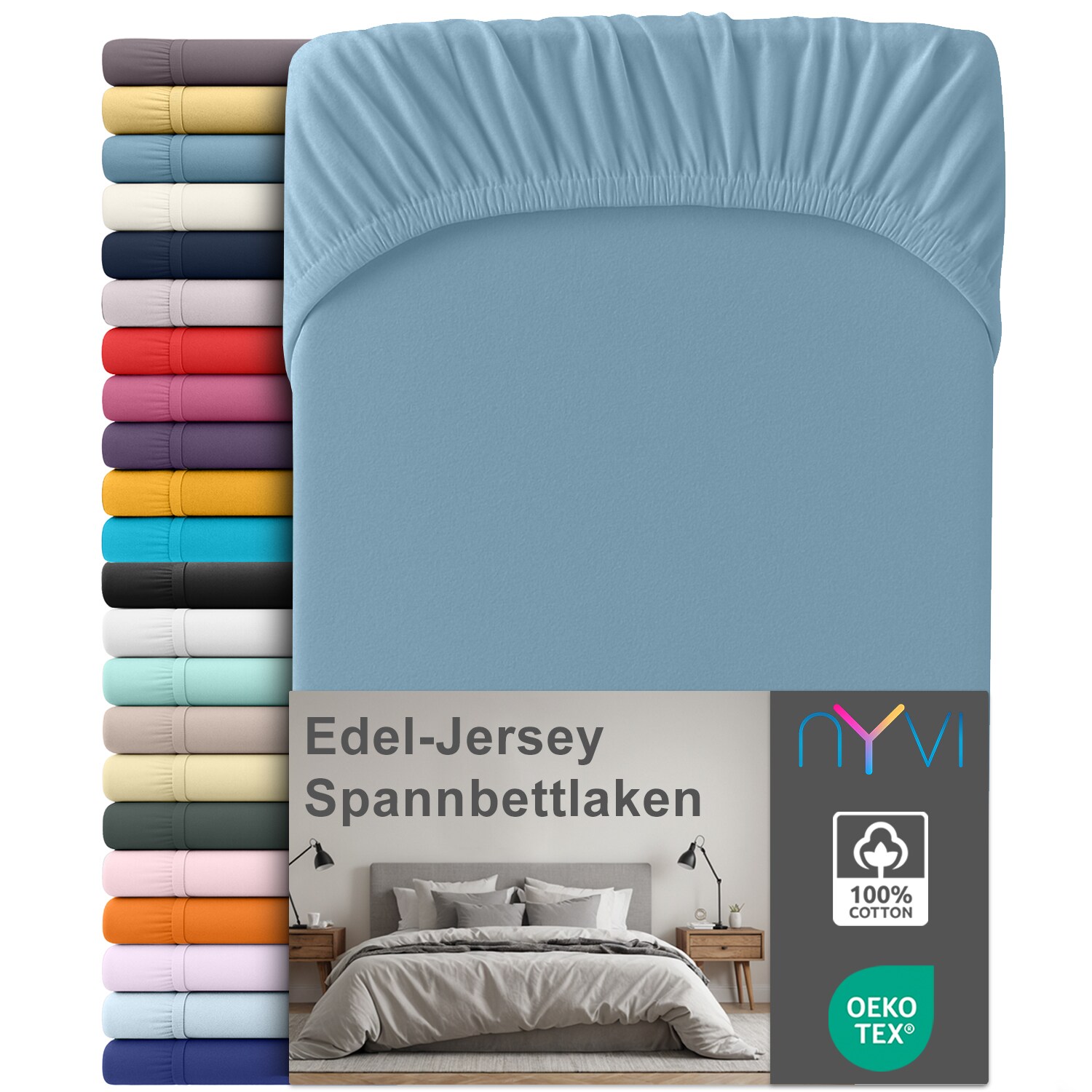 NYVI Edel Jersey Spannbettlaken Deluxe f&uuml;r Matratzen bis 25 cm Stegh&ouml;he - 100% Baumwolle supergek&auml;mmt, 140g/m&sup2;, Rundumgummizug Gr&ouml;&szlig;e:90-100 x 200 cm;Farbe:Stahlblau - Bild 1