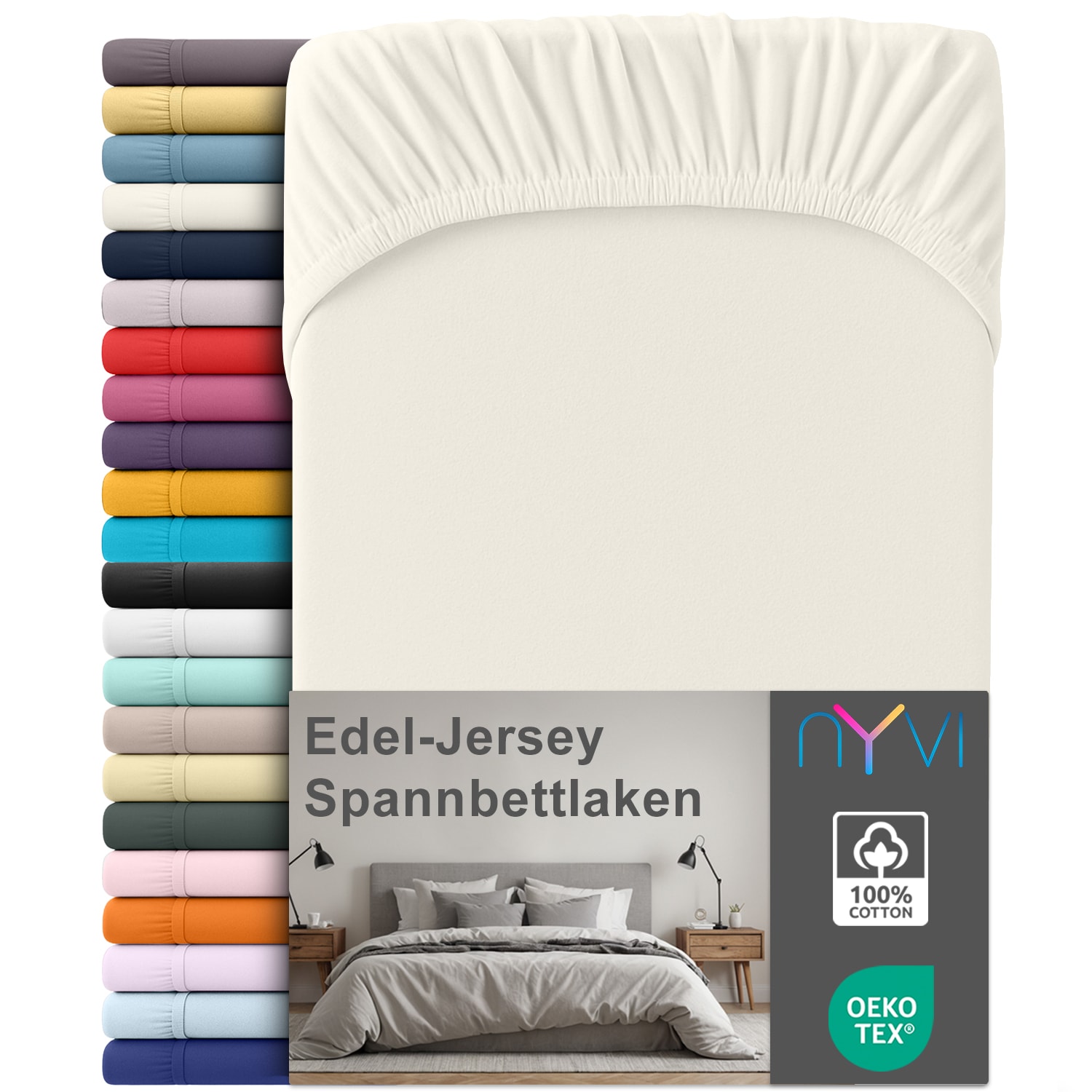 NYVI Edel Jersey Spannbettlaken Deluxe f&uuml;r Matratzen bis 25 cm Stegh&ouml;he - 100% Baumwolle supergek&auml;mmt, 140g/m&sup2;, Rundumgummizug Farbe:Creme;Gr&ouml;&szlig;e:90-100 x 200 cm - Bild 1
