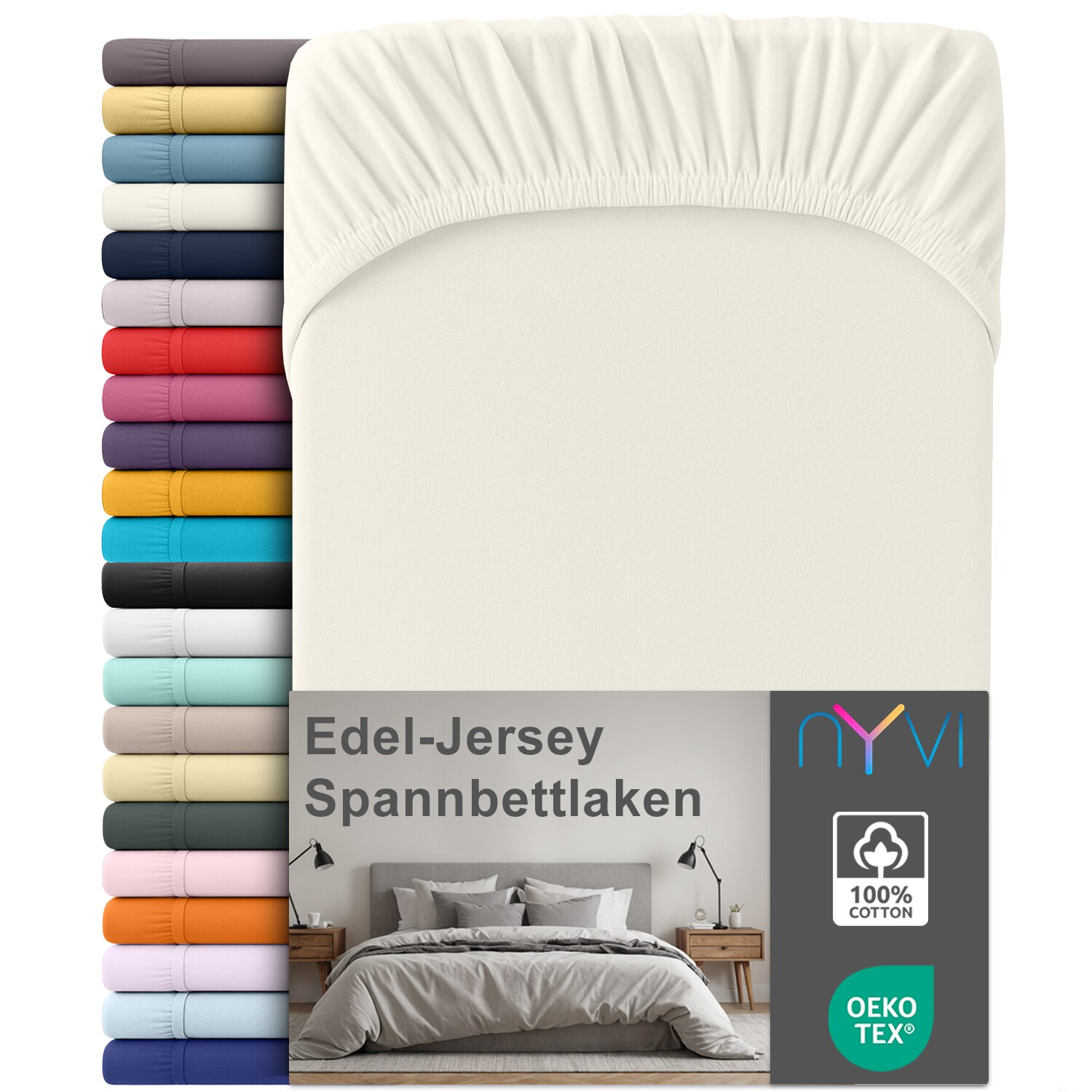 NYVI Edel Jersey Spannbettlaken Deluxe f&uuml;r Matratzen bis 25 cm Stegh&ouml;he - 100% Baumwolle supergek&auml;mmt, 140g/m&sup2;, Rundumgummizug Farbe:Creme;Gr&ouml;&szlig;e:140-160 x 200 cm - Bild 1
