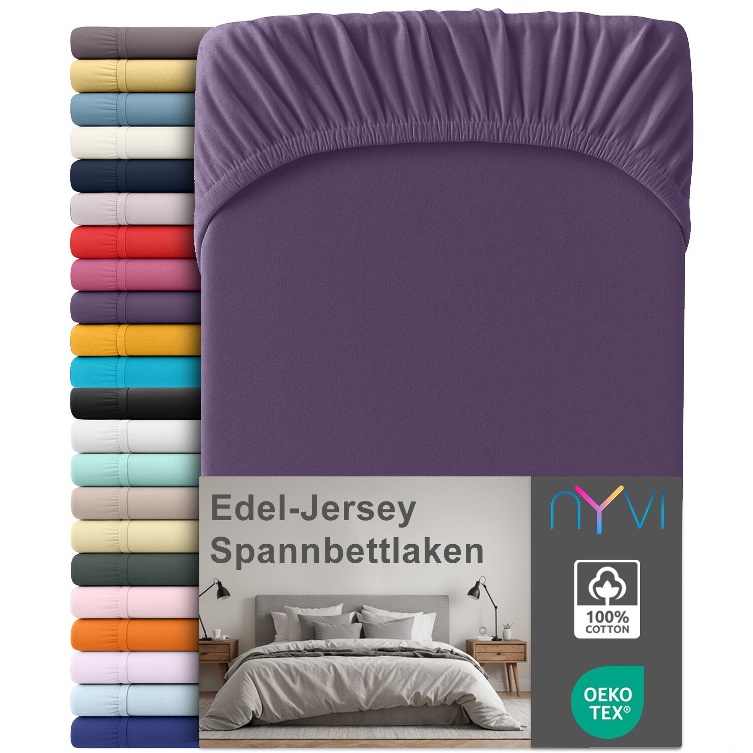 NYVI Edel Jersey Spannbettlaken Deluxe f&uuml;r Matratzen bis 25 cm Stegh&ouml;he - 100% Baumwolle supergek&auml;mmt, 140g/m&sup2;, Rundumgummizug Gr&ouml;&szlig;e:180-200 x 200 cm;Farbe:Violett - Bild 1