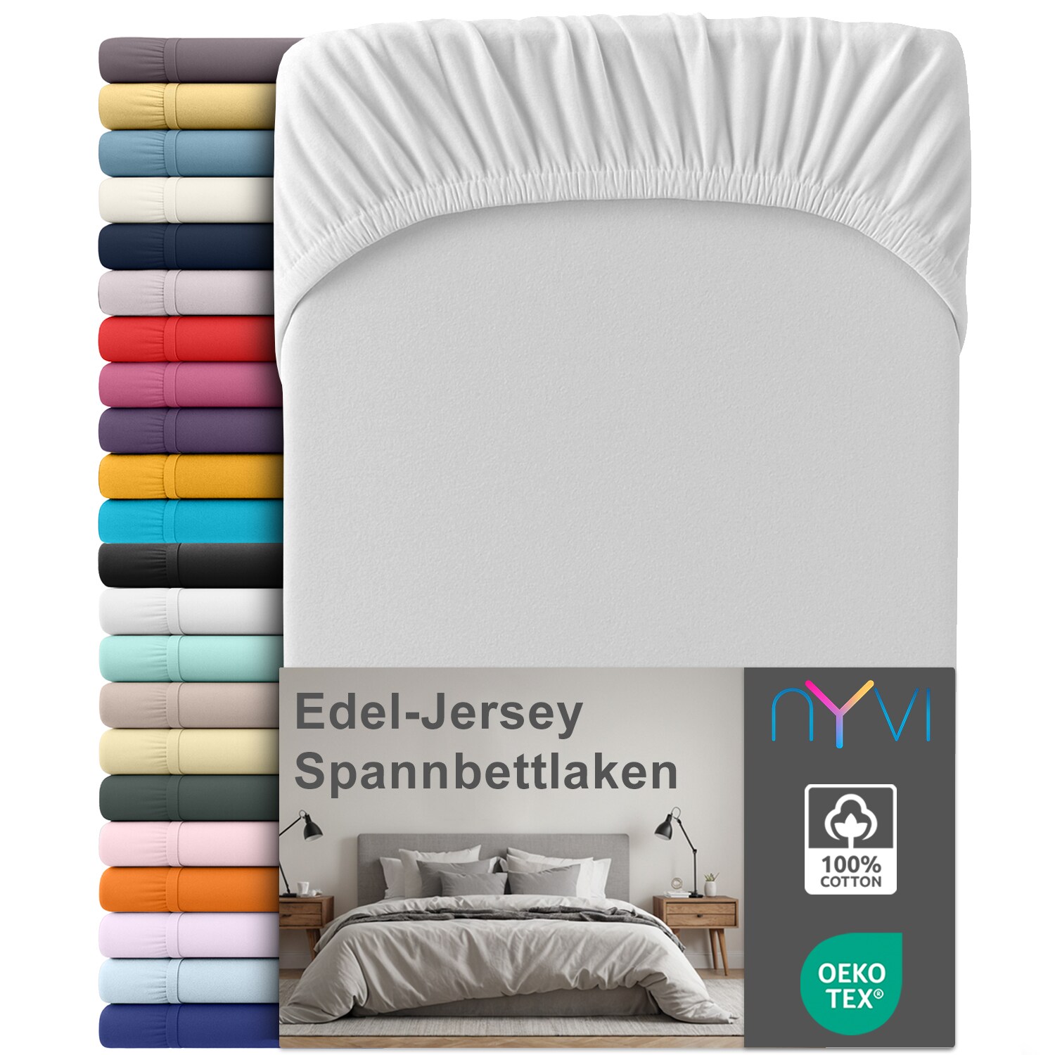 NYVI Edel Jersey Spannbettlaken Deluxe f&uuml;r Matratzen bis 25 cm Stegh&ouml;he - 100% Baumwolle supergek&auml;mmt, 140g/m&sup2;, Rundumgummizug Gr&ouml;&szlig;e:180-200 x 200 cm;Farbe:Silber - Bild 1