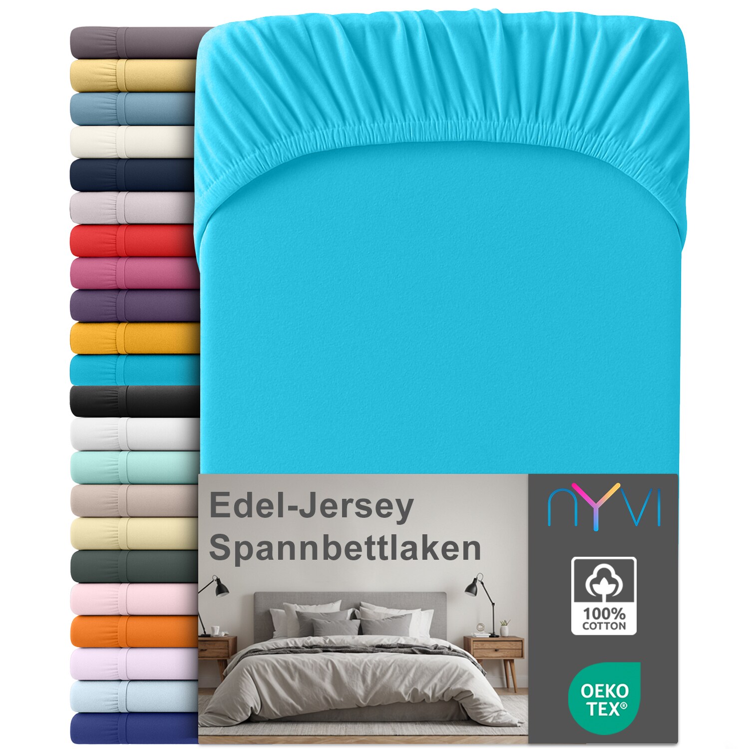 NYVI Edel Jersey Spannbettlaken Deluxe f&uuml;r Matratzen bis 25 cm Stegh&ouml;he - 100% Baumwolle supergek&auml;mmt, 140g/m&sup2;, Rundumgummizug Farbe:T&uuml;rkis;Gr&ouml;&szlig;e:90-100 x 200 cm - Bild 1