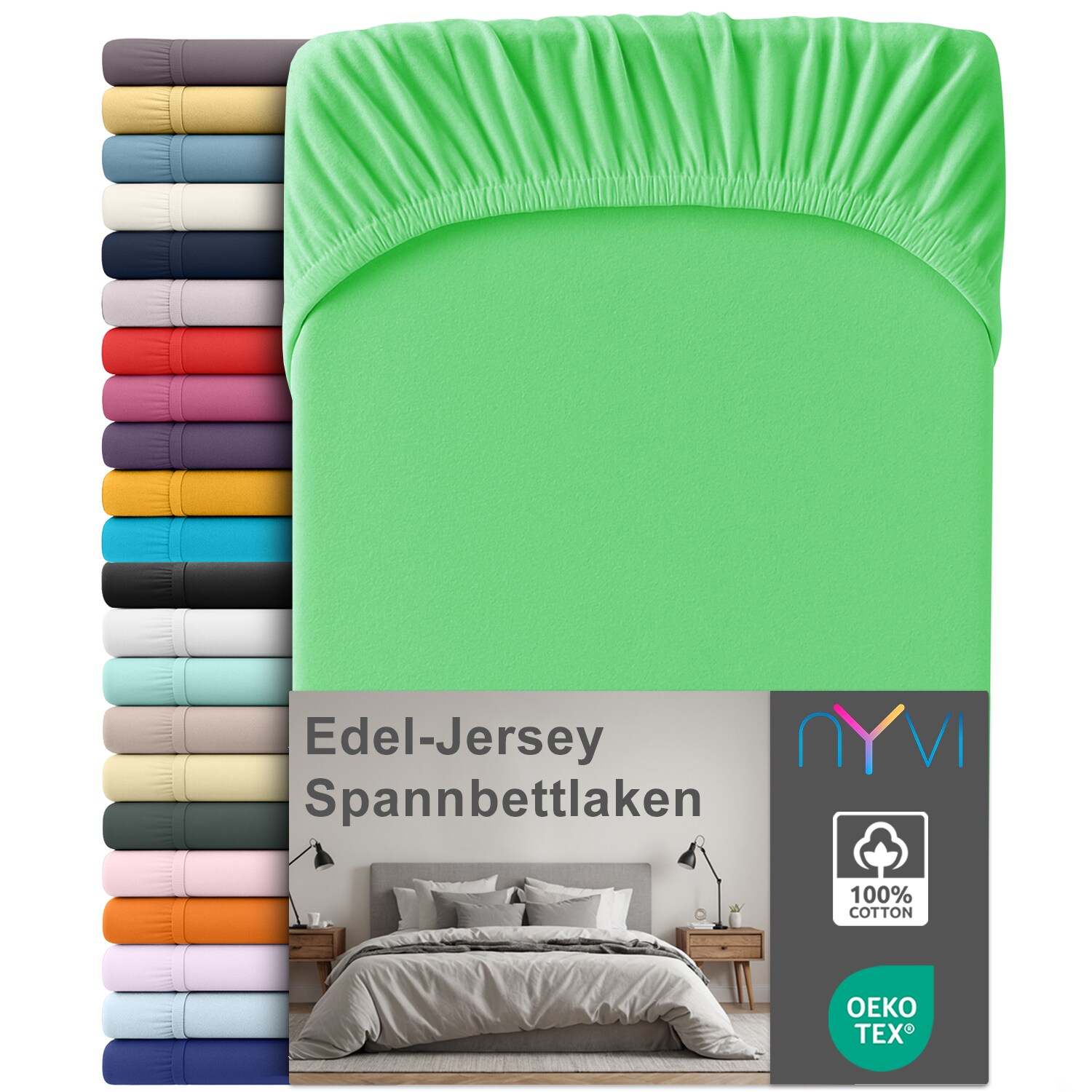 NYVI Edel Jersey Spannbettlaken Deluxe f&uuml;r Matratzen bis 25 cm Stegh&ouml;he - 100% Baumwolle supergek&auml;mmt, 140g/m&sup2;, Rundumgummizug Gr&ouml;&szlig;e:90-100 x 200 cm;Farbe:Apfel - Bild 1
