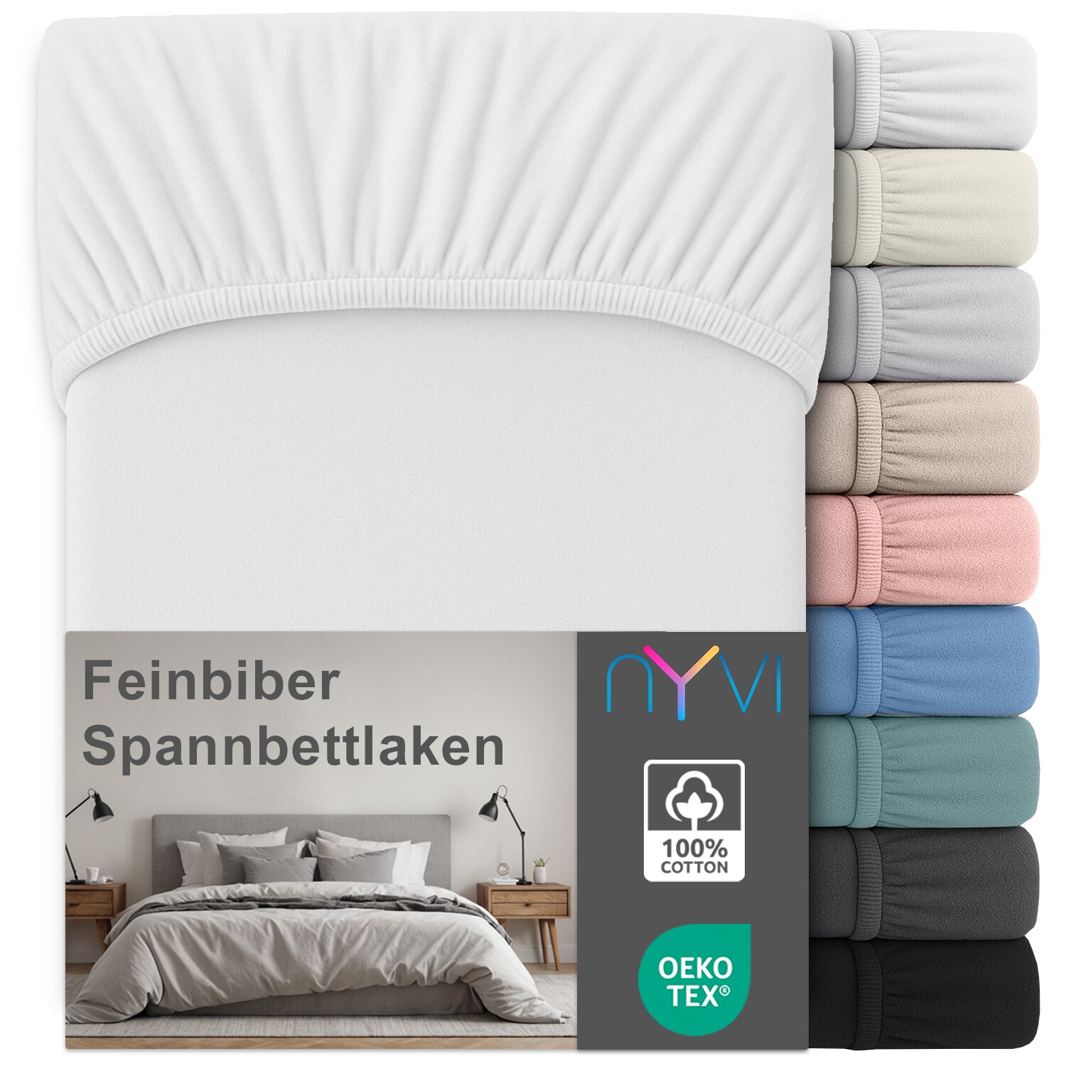 NYVI Feinbiber Spannbettlaken Deluxe f&uuml;r Matratzen bis 25 cm Stegh&ouml;he - Extra Warm & Weich, 100% Baumwolle, B&uuml;gelfrei, Vorgekrumpft Farbe:Wei&szlig;;Gr&ouml;&szlig;e:90x200 cm - Bild 1
