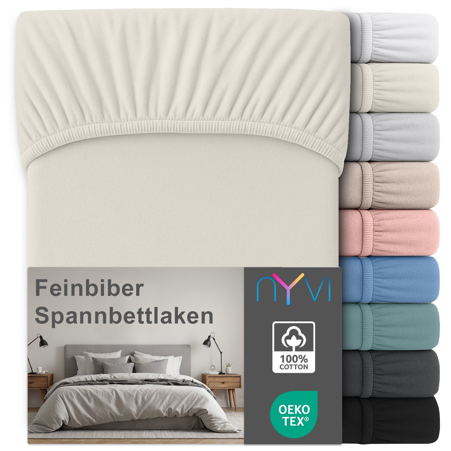 NYVI Feinbiber Spannbettlaken Deluxe f&uuml;r Matratzen bis 25 cm Stegh&ouml;he - Extra Warm & Weich, 100% Baumwolle, B&uuml;gelfrei, Vorgekrumpft Farbe:Creme;Gr&ouml;&szlig;e:180x200 cm - Bild 1