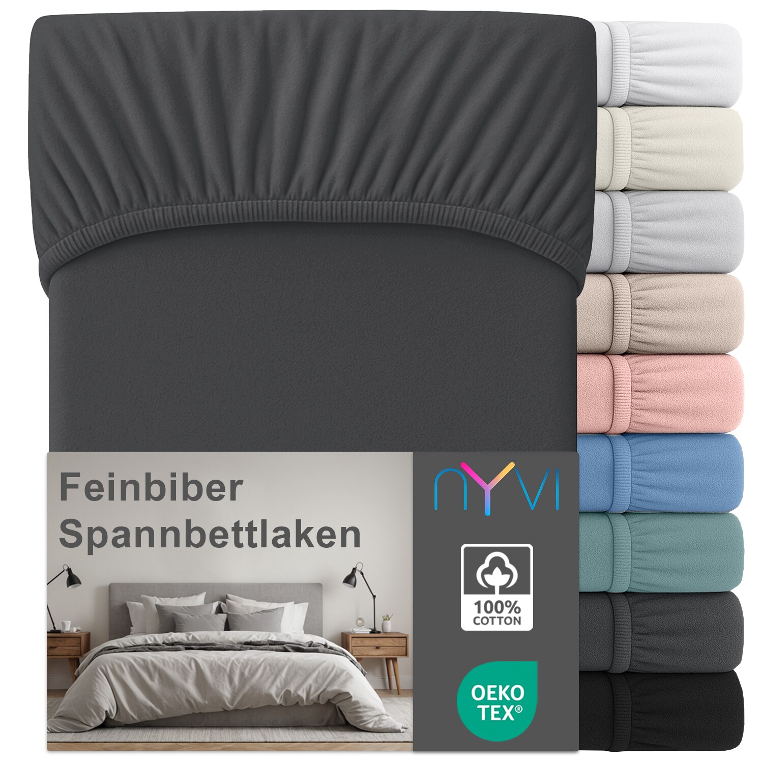NYVI Feinbiber Spannbettlaken Deluxe f&uuml;r Matratzen bis 25 cm Stegh&ouml;he - Extra Warm & Weich, 100% Baumwolle, B&uuml;gelfrei, Vorgekrumpft Farbe:Anthrazit;Gr&ouml;&szlig;e:140x200 cm - Bild 1