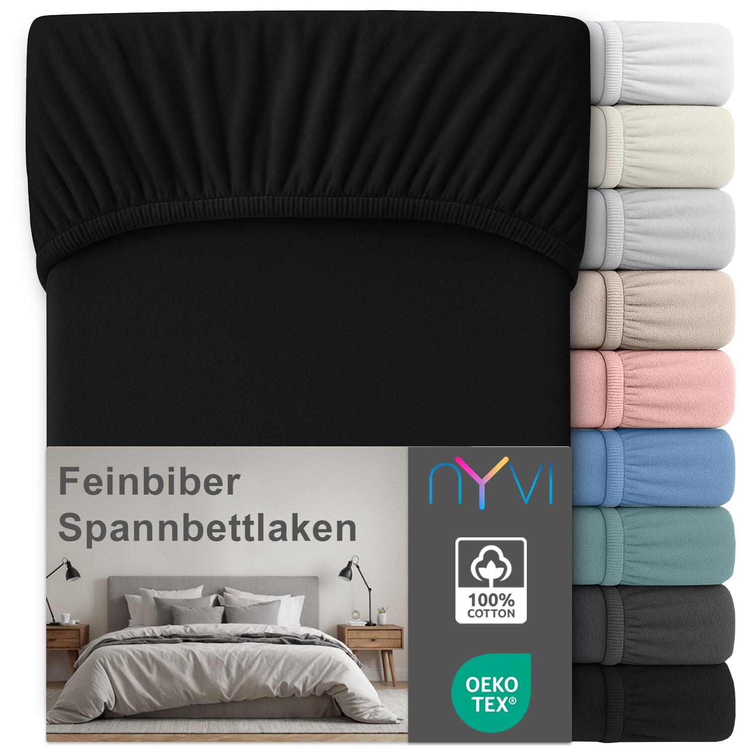 NYVI Feinbiber Spannbettlaken Deluxe f&uuml;r Matratzen bis 25 cm Stegh&ouml;he - Extra Warm & Weich, 100% Baumwolle, B&uuml;gelfrei, Vorgekrumpft Farbe:Schwarz;Gr&ouml;&szlig;e:180x200 cm - Bild 1