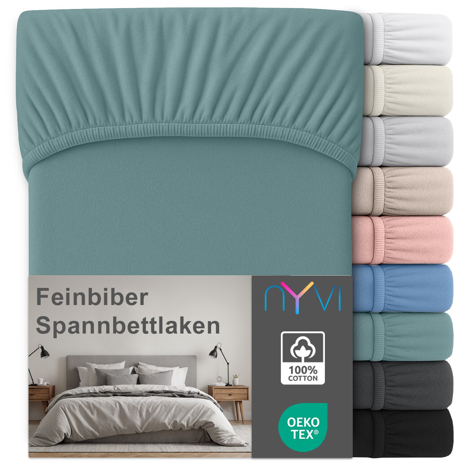 NYVI Feinbiber Spannbettlaken Deluxe f&uuml;r Matratzen bis 25 cm Stegh&ouml;he - Extra Warm & Weich, 100% Baumwolle, B&uuml;gelfrei, Vorgekrumpft Gr&ouml;&szlig;e:200x200 cm;Farbe:Lindgr&uuml;n - Bild 1