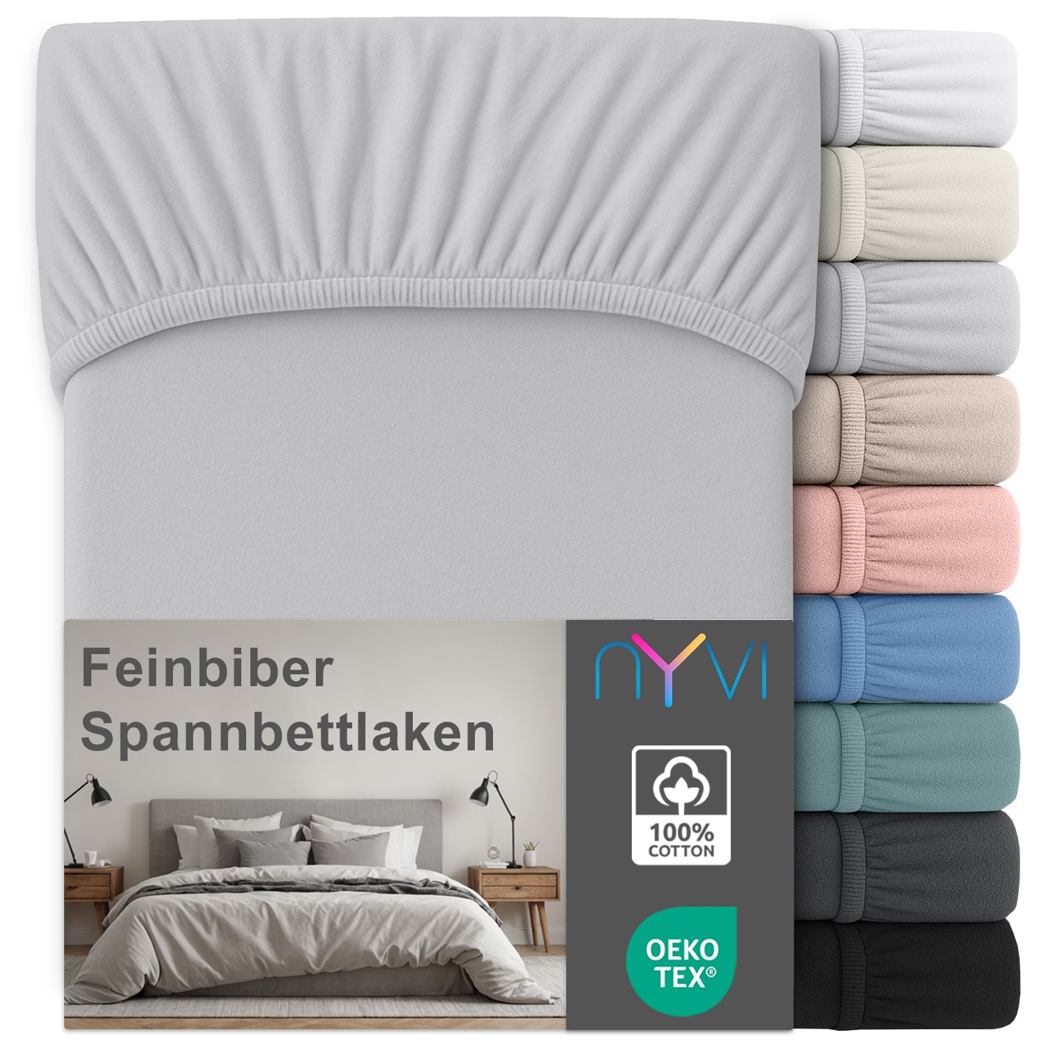 NYVI Feinbiber Spannbettlaken Deluxe f&uuml;r Matratzen bis 25 cm Stegh&ouml;he - Extra Warm & Weich, 100% Baumwolle, B&uuml;gelfrei, Vorgekrumpft Farbe:Silber;Gr&ouml;&szlig;e:90x200 cm - Bild 1